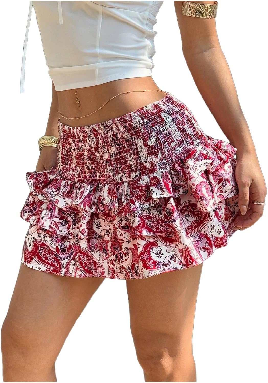 MakeMeChic Women's Boho Mini Skirt Low Waisted Paisley Layered Ruffle Cute Cake Going Out Skirts