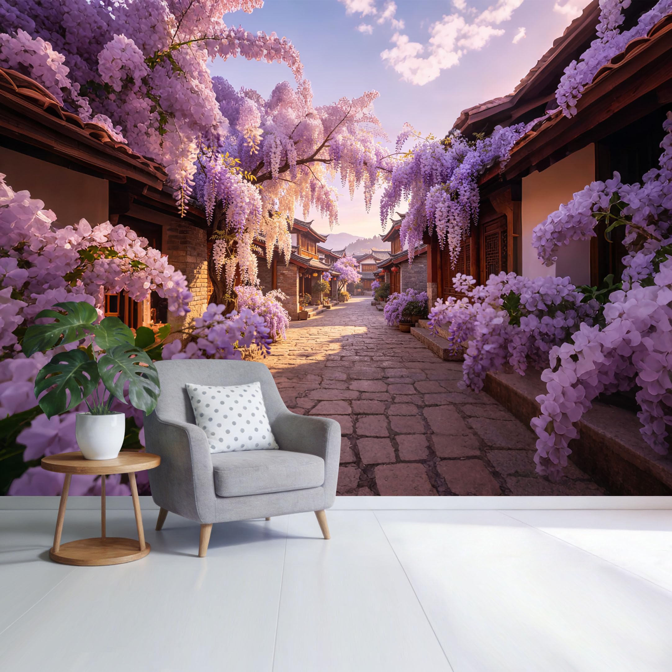Custom Size Wall Mural Lavender Wisteria Blossom Street Landscape Sunrise Botanical Style SelfAdhesive Wall Fabric Removable Wallpaper for Home Office Decor