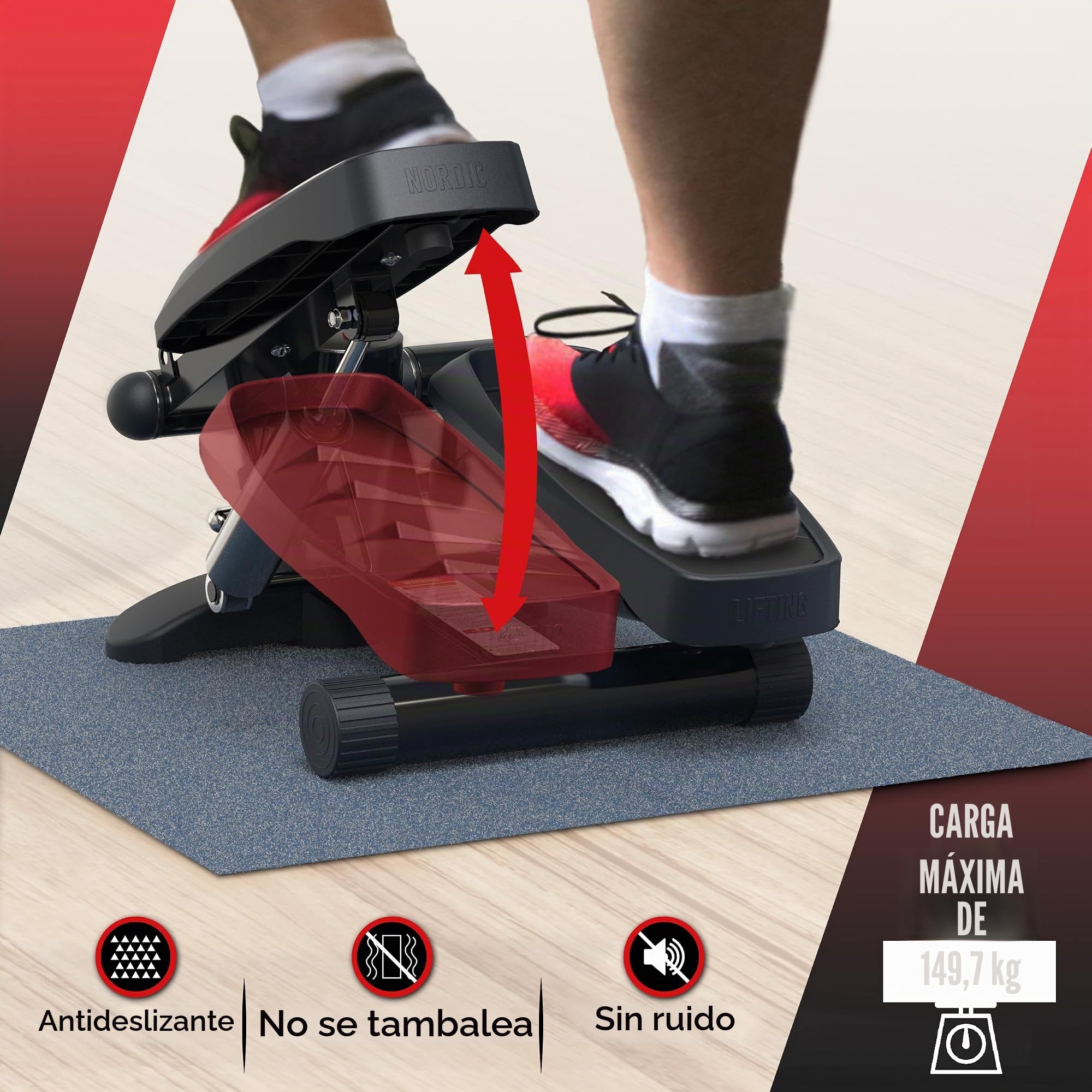 Mini Stepper y Máquina de Escalada Nordic Lifting – con Bandas de Resistencia y Pedales Antideslizantes – Estructura Resistente con Capacidad de Carga de 150 kg – Pantalla LCD