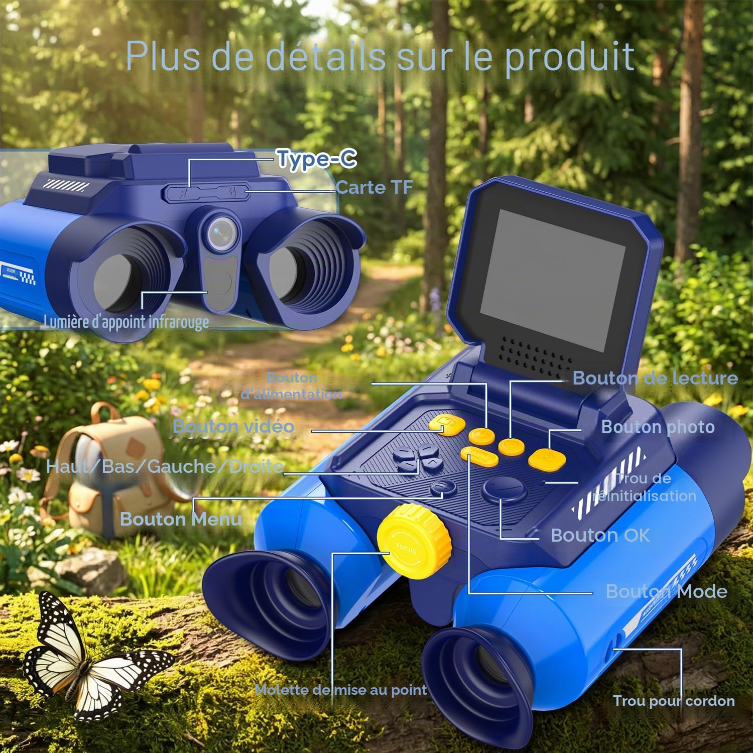 Jumelles Enfant Zoom Optique 10x Appareil Photo 48 MP Vidéo 1080P Vision Nocturne 25 m Bleu Foncé