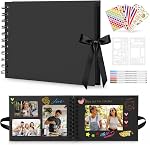 DazSpirit A5 Scrapbook Photo Album, 20 Sheets/40 Black Pages, DIY Memory Book with 6 Metallic Pens and 8 Photo Stickers for Wedding, Travel and Anniversary