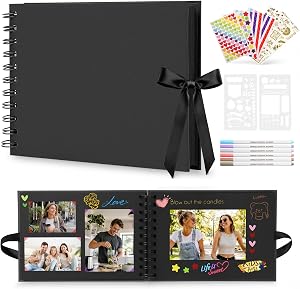 DazSpirit A5 Scrapbook Photo Album, 20 Sheets/40 Black Pages, DIY Memory Book with 6 Metallic Pens and 8 Photo Stickers for Wedding, Travel and Anniversary