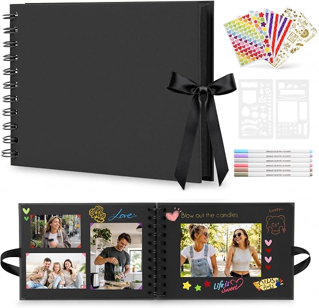 DazSpirit A5 Scrapbook Photo Album, 20 Sheets/40 Black Pages, DIY Memory Book with 6 Metallic Pens and 8 Photo Stickers for Wedding, Travel and Anniversary