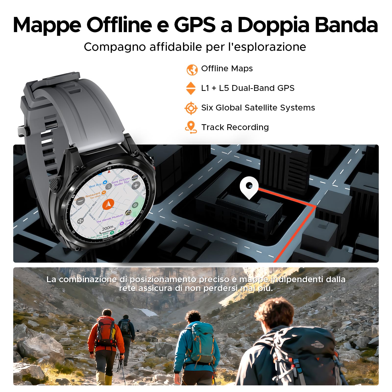 Anywise W1 Pro Orologi Smartwatch uomo,GPS Dual-Band & Mappe Offline, 5 ATM, 18 Giorni Autonomia, Display AMOLED HD 1,43", 170+ Modalità Sport,Chiamate Bluetooth,Compatibile con Android/iOS