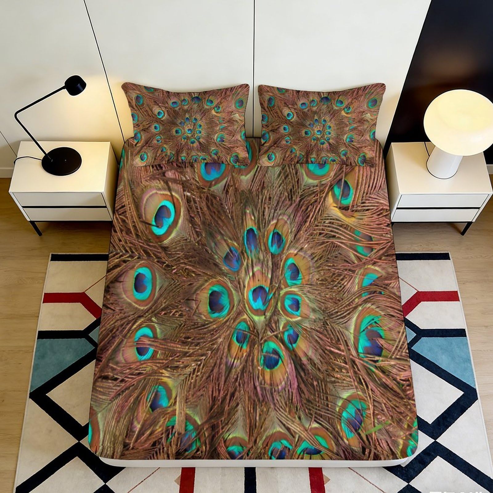 3D Printed Peacock Feather Fitted Sheet Microfiber Soft Anti-Slip Mattress Cover Bedroom Decor for Home Dorm 180x200x25cm