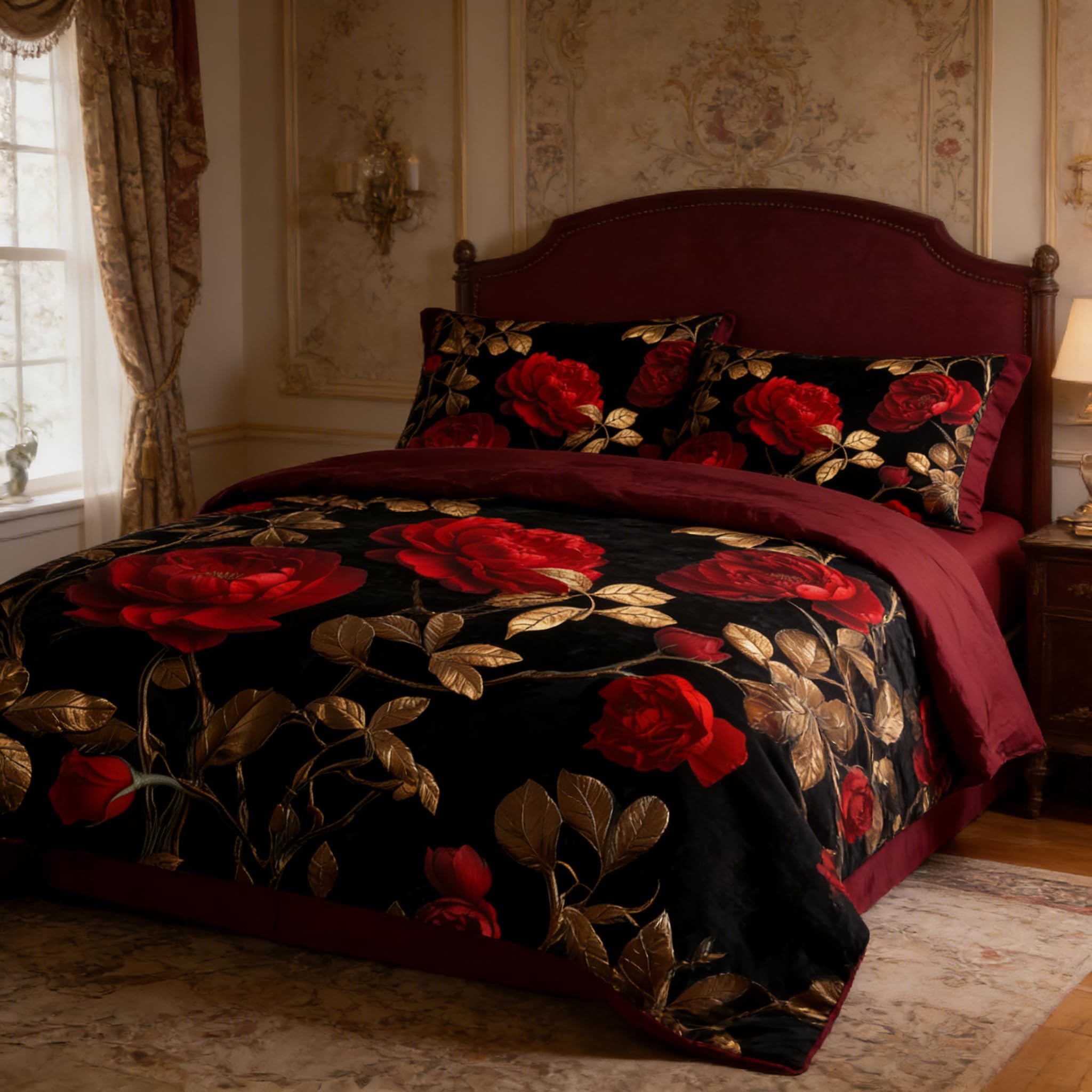 CCoutueChen Black Red Roses Comforter Set Twin Size Kids Girls Botanical Floral Bedding Set Vintage Flower Soft Microfiber Lightweight Comforter,3 Pcs