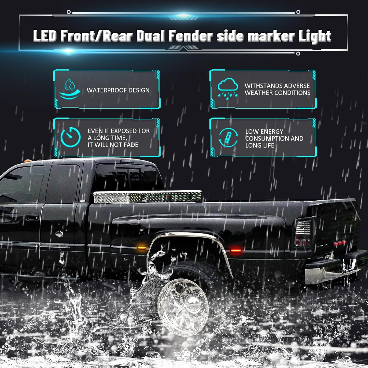 Bestview LED Dually Side Marker Lights for 1994-2002 Dodge Ram 2500 3500, Amber＆Red Front&Rear Wheel Bed Marker Bumper Fender Lamp Assembly Kit accessories，Smoke Lens (Pack of 4)