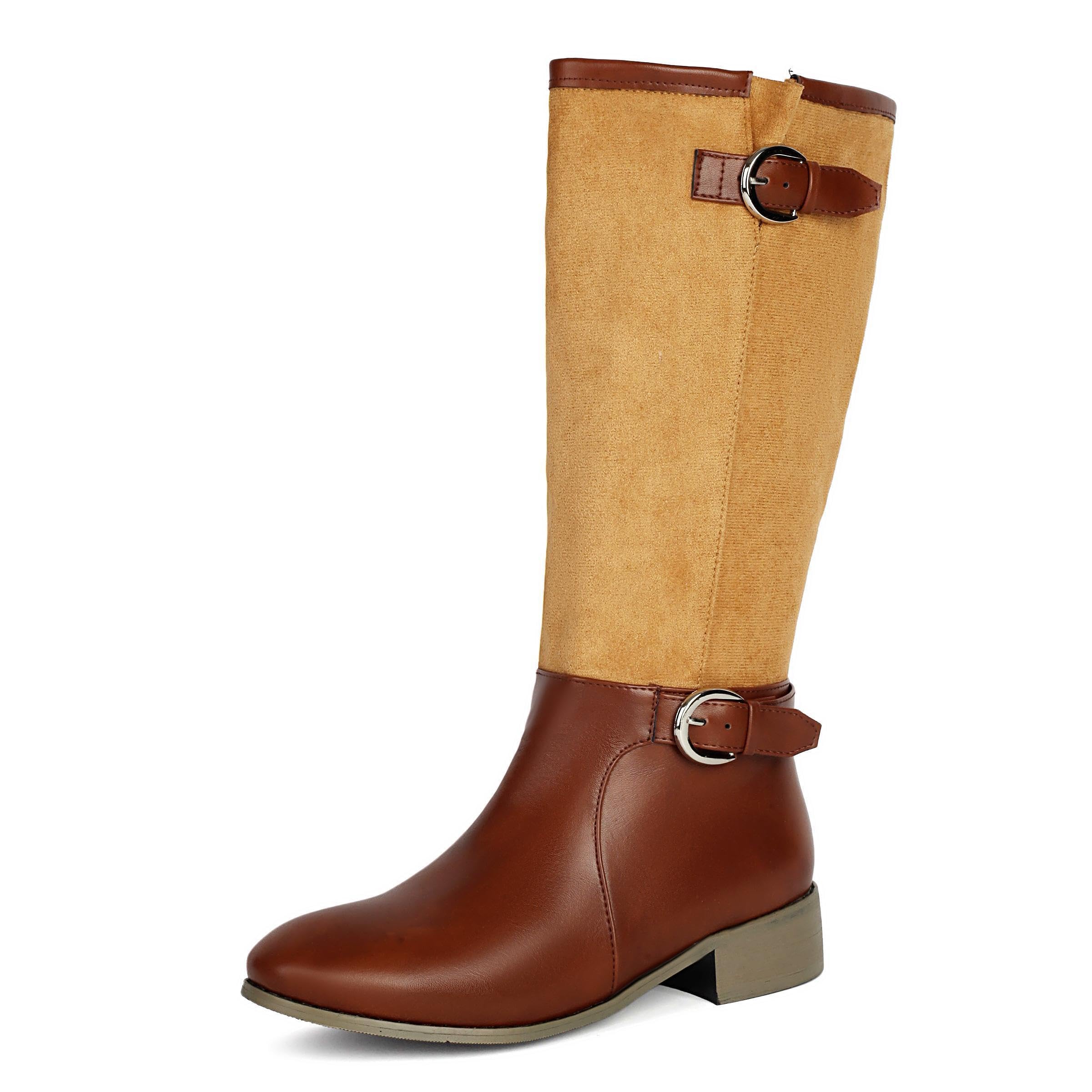 Elbslutt Womens Riding Knee High Boots Round Toe Chunky Low Heel Flat Tall Boots Pull On Buckle Long