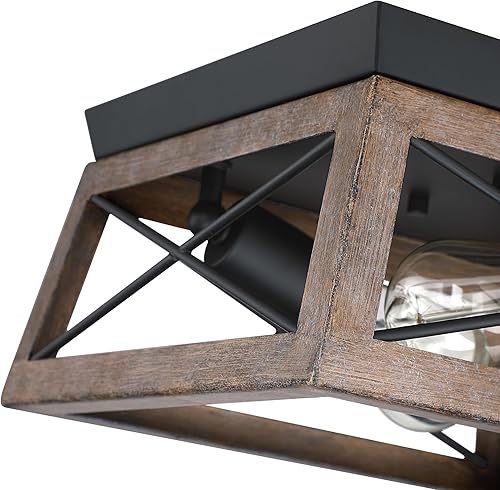 Miniatura 3 de 2-Light Black and Wood Flush Mount Ceiling Light with Bronze Wood Grain Farmhouse Ceiling Light for Closet Hallway Entryway Vintage Industrial Cage