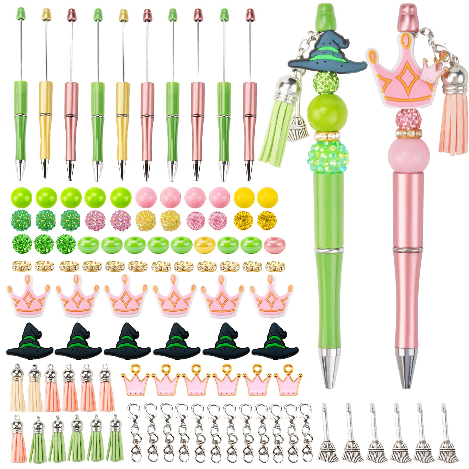 ABONDEVER 12 Set DIY Pink and Green Yellow Witch Beaded Plastic Pen Making kit,Slilcone Princess Crown Witch hat with Alloy Charm for Birthday Party