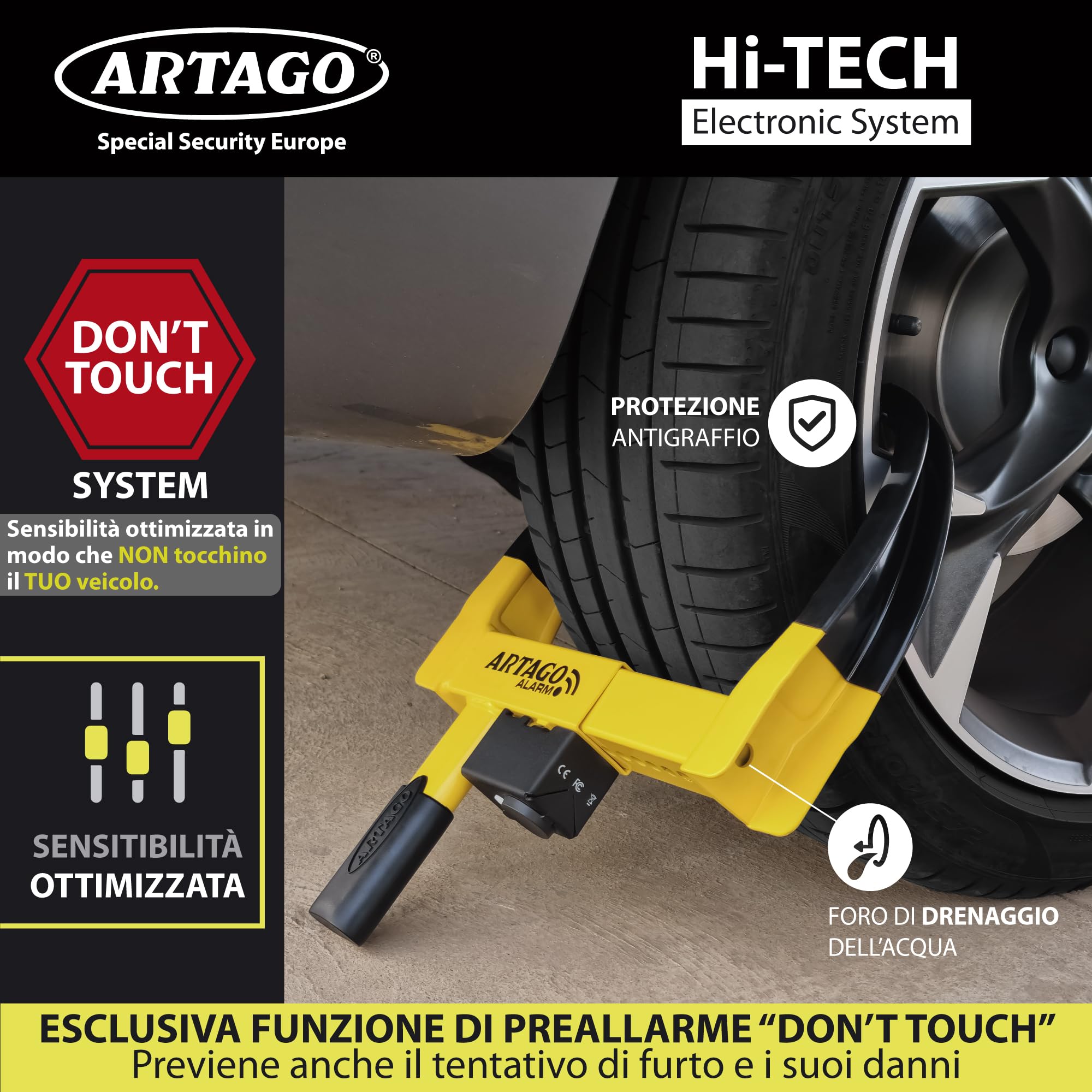 ARTAGO ART872 Il Blocca Ruota Più Sicuro e Deterrente, Antifurto Auto Rimorchio Camper 2in1, Senza/Con Allarme 120dB+LED Avviso Visibile Notte, Doppia Protezione Antiruggine Più Resistente, Universale