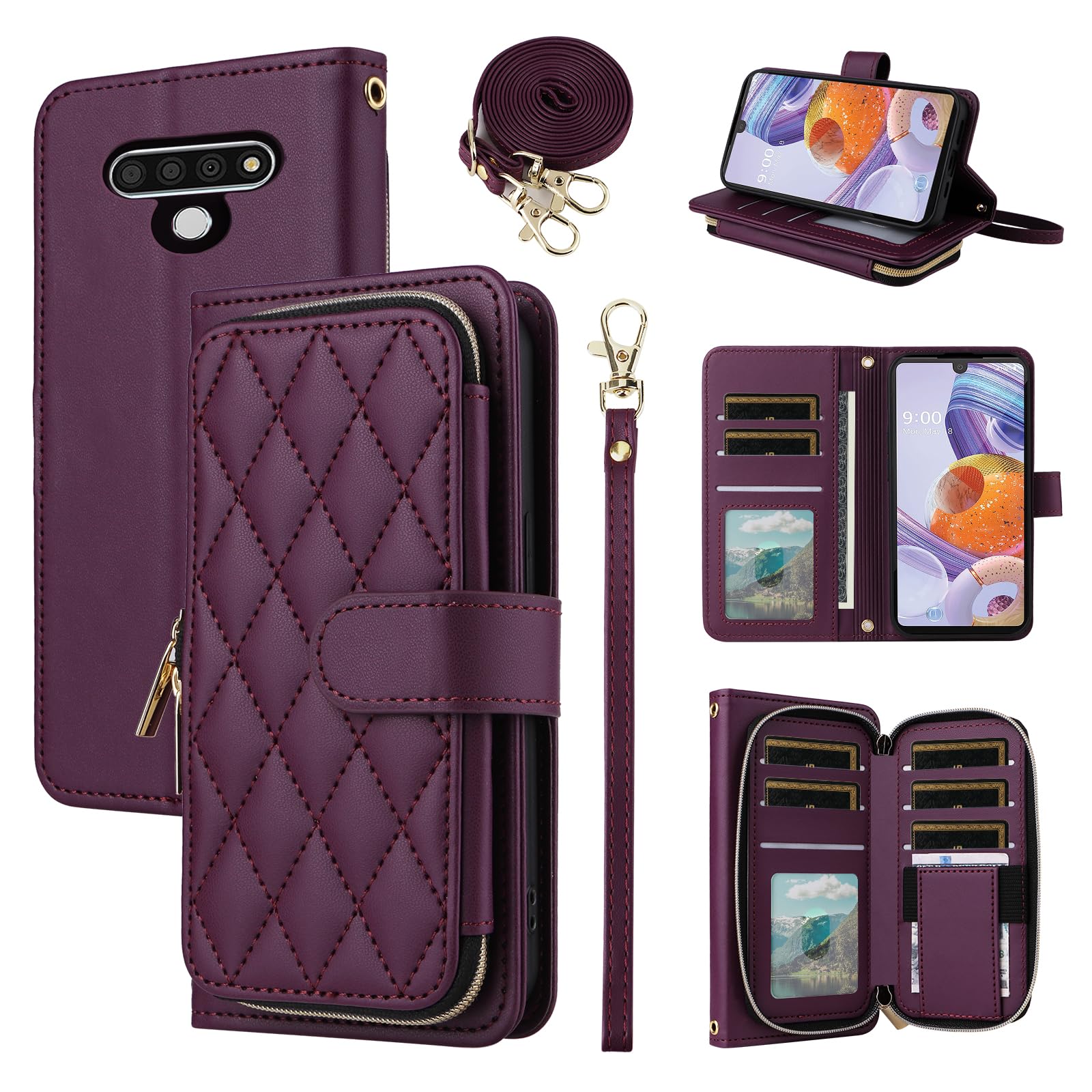 Furiet Argyle Wallet Case for LG Stylo 6/Stylo6 Plus/K71 Stylus with Wrist Strap Shoulder Strap, 9+ Card Slots Zipper Purse Stand Cell Phone Cover for