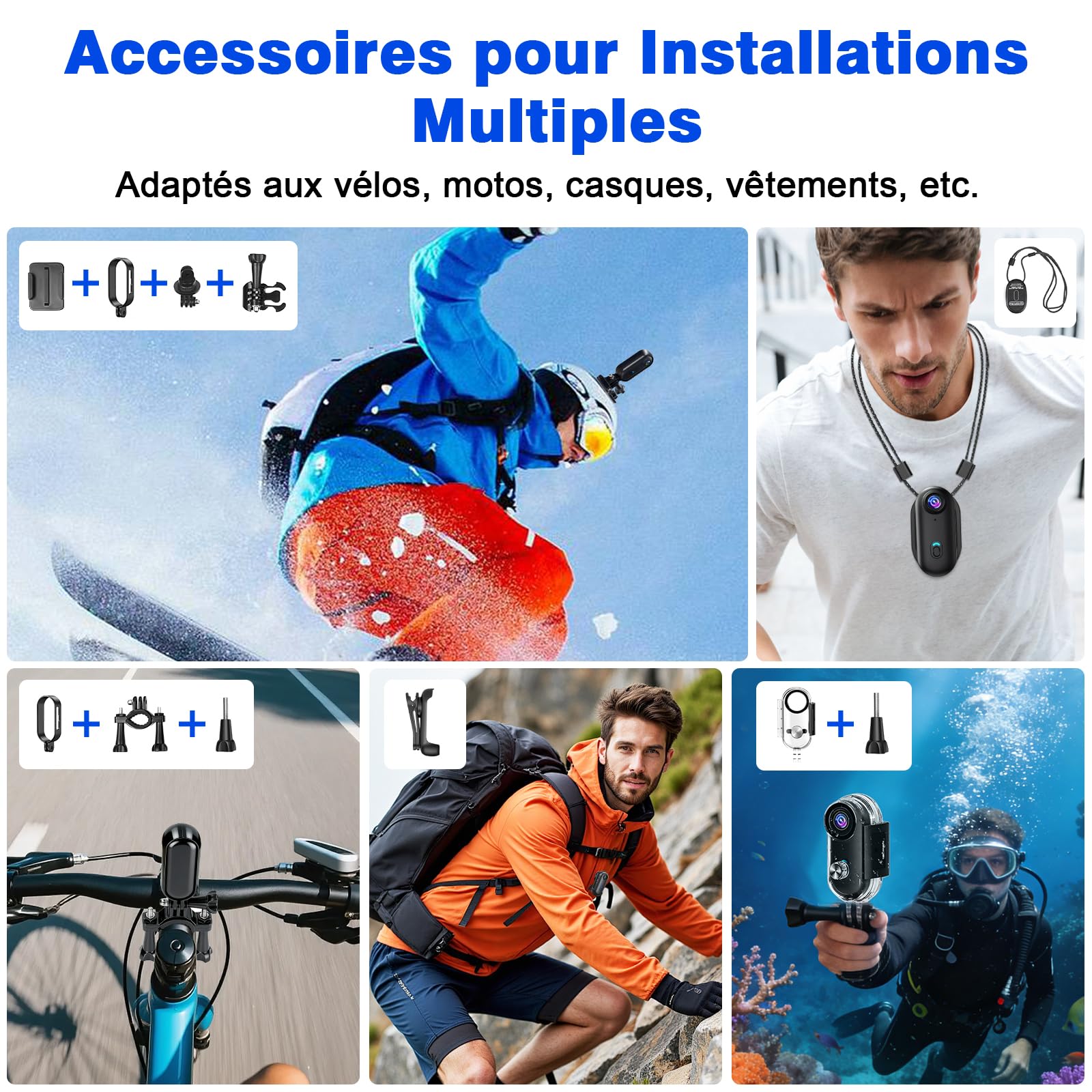 Caméra d'action WiFi 4K 120° Étanche 16 Go avec Accessoires de Fixation