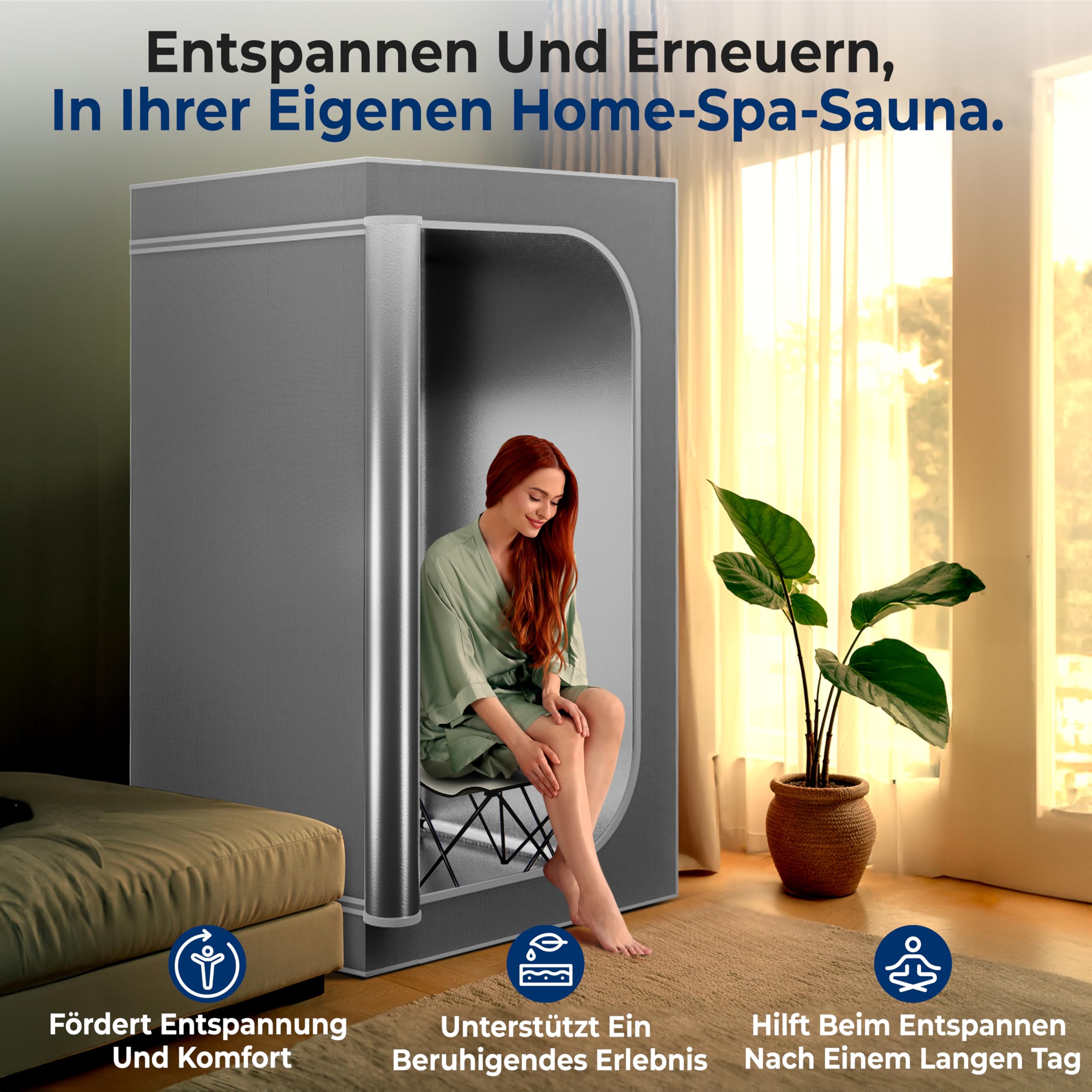 SereneLife Dampfsauna Grau 90×90×180 cm – Mobile Heimsauna mit klappbarem Stuhl und Dampfgenerator Faltbare Mini Sauna für Zuhause, Tragbare Wärmekabine bis 50 °C, Fernbedienung und Timer-Steuerung