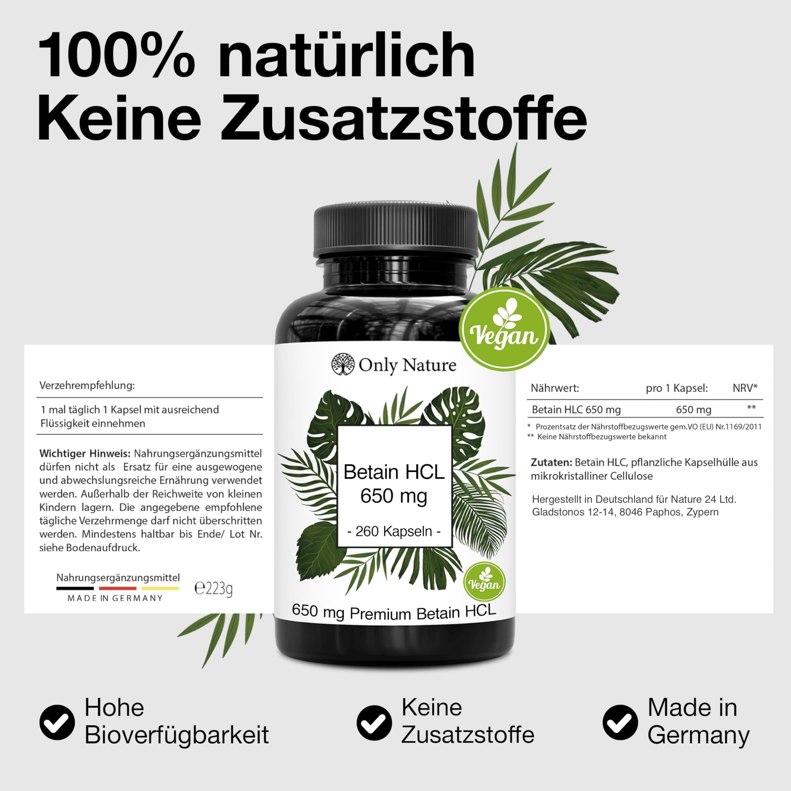 Betain HCL 650 mg - 240 Kapseln - Hochdosiert - in Deutschland produziert & Laborgeprüft - Vegan - Betaine HCL