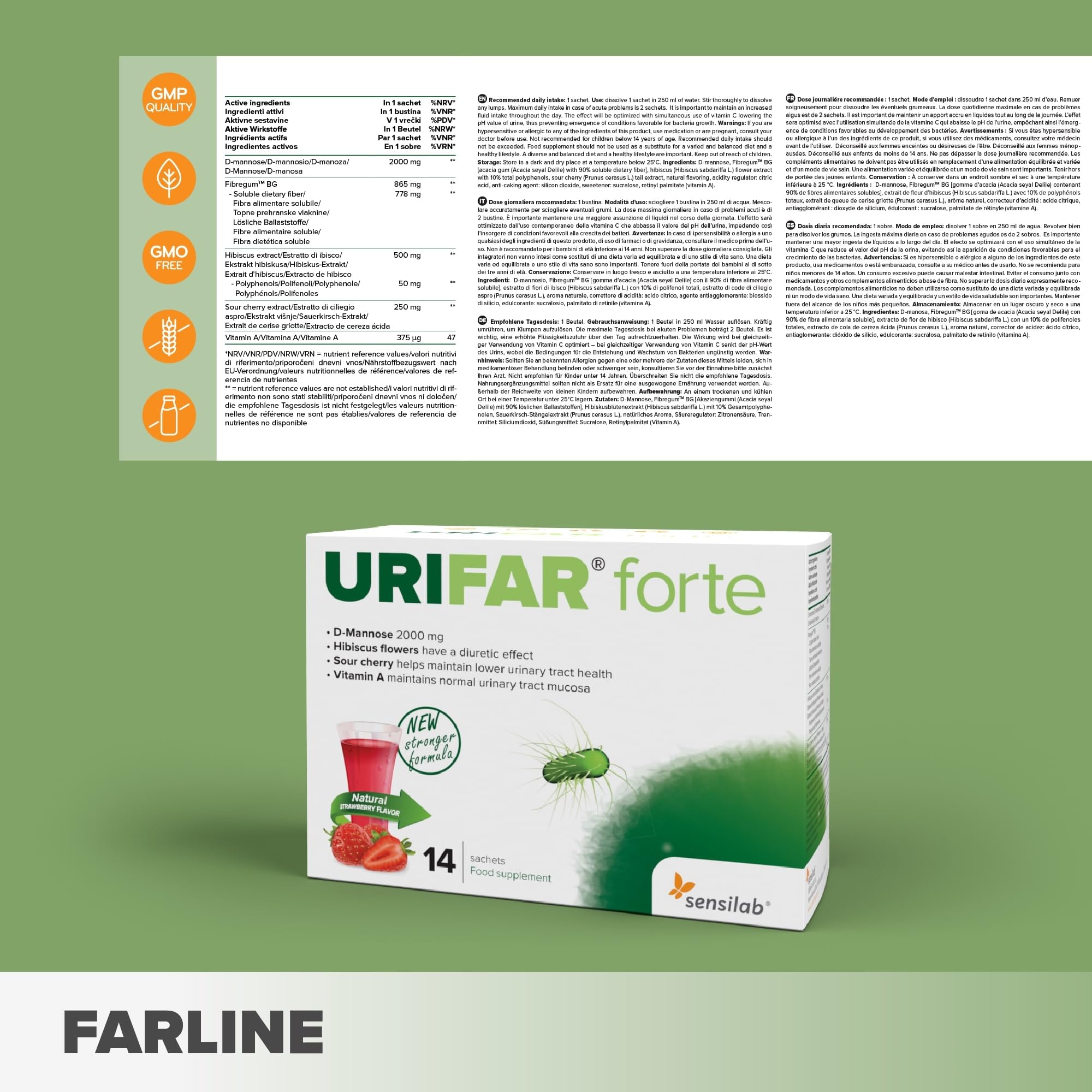 Sensilab Urifar Forte - Boisson D-Mannose à la Fraise, 28 Sachets | Hibiscus, Extrait de Cerise Griotte, la Vitamine A contribue au Maintien de Muqueuses Normales