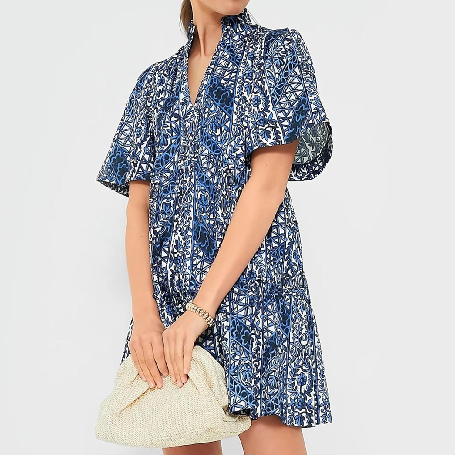 Womens Summer Mini Dress V Neck Short Sleeve Blue Floral Sundress Flowy Swing A Line Casual Dress - Image 4