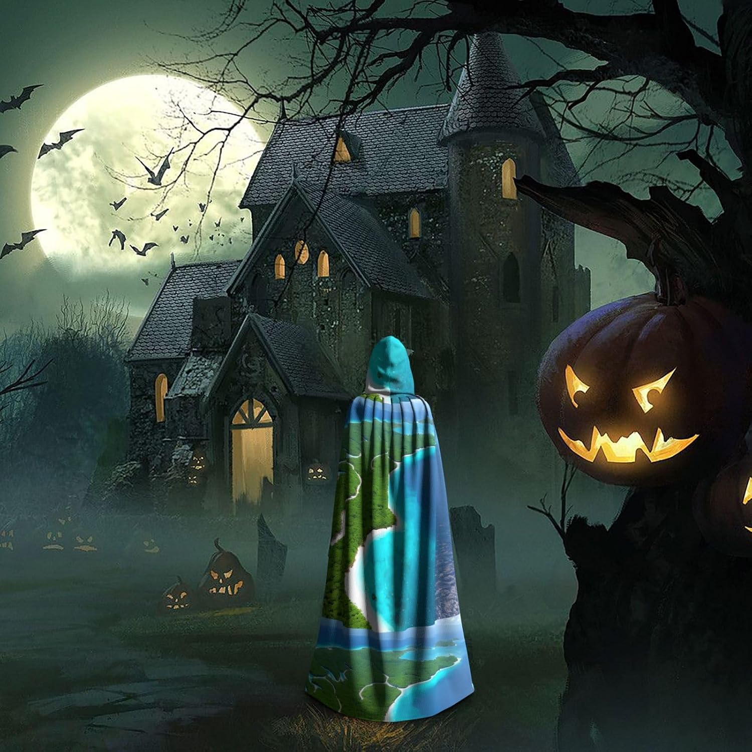 an Island in The Ocean Halloween Adult Hooded Cape, Hooded Robe Cape, Women's Men's Halloween Dress Up Party Cosplay Costumes. Black