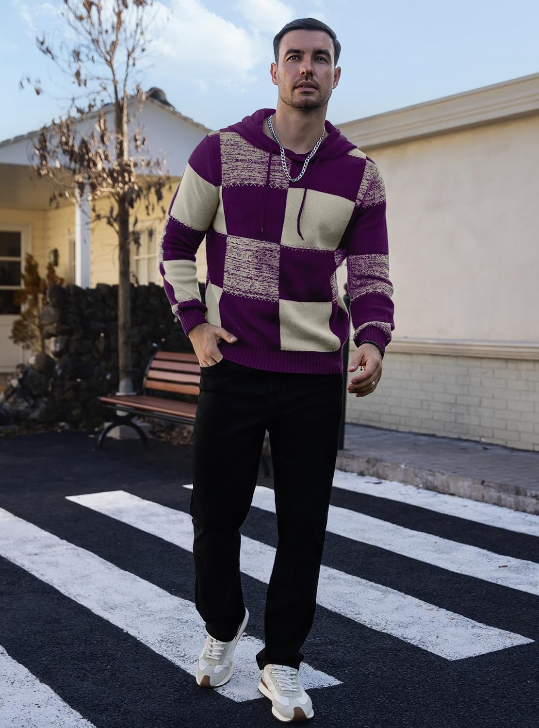 Men's Checkerboard Hooded Sweater Color-Block Hoodie Waffle-Knit Textured Pullover Casual Retro Streetwear