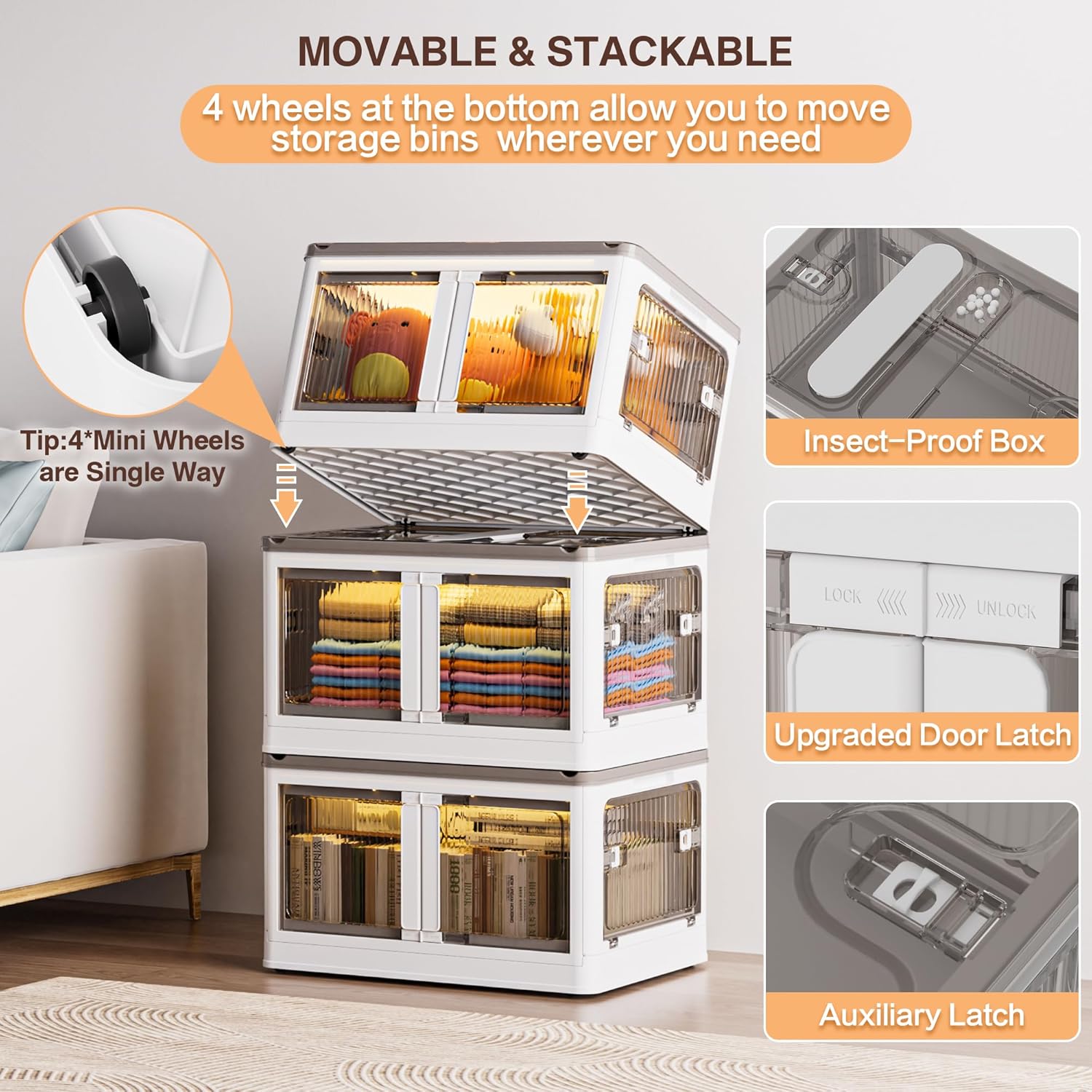 148QT Large Bins Storage with Lids, 36.9 Gal 3 Tier Plastic Stackable Storage Bins with Doors & Wheels, 5-Open Ways Collapsible Storage Bins for Closet Organizers and Storage-Room Office Livingroom - Image 4