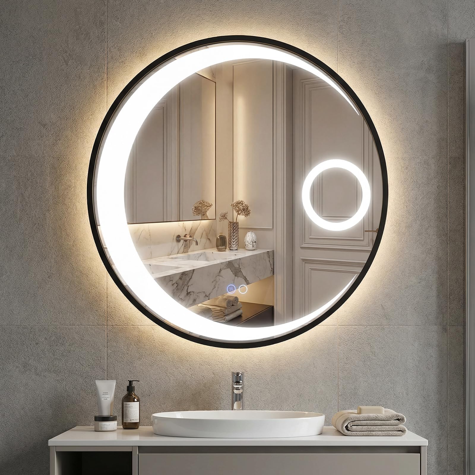 FANTASK 60 cm LED Badspiegel mit Beleuchtung. Spiegel rund mit Anti-Beschlag & 3 Lichtfarben, Wandspiegel mit 3-facher Vergrößerung & Aluminiumrahmen