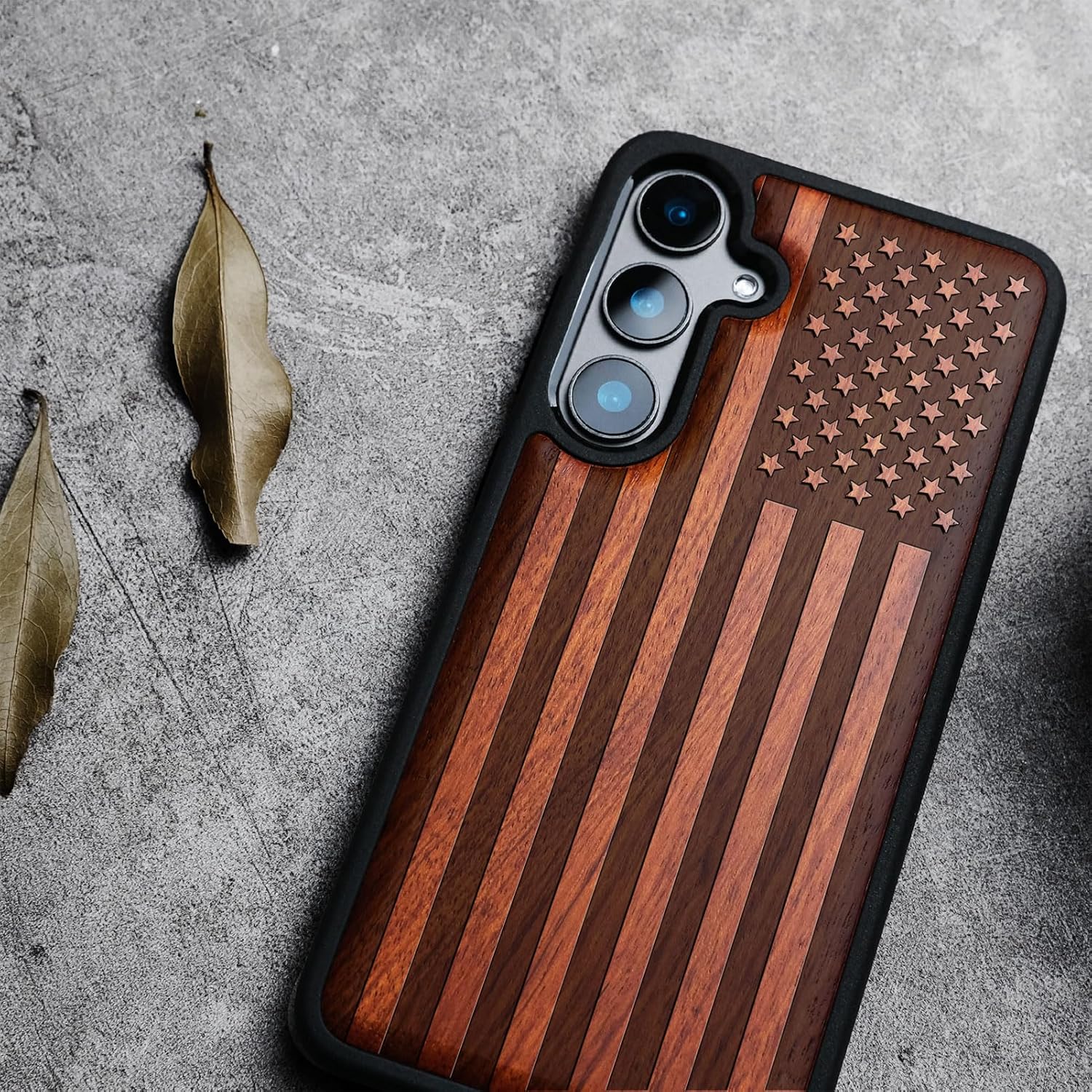 Carveit Wood Case for Galaxy S25 Case 2025 [Natural Wood & Black Soft TPU] Shockproof Protective Cover Unique Wooden Design Compatible with Samsung S25 (American Flag-Rosy)