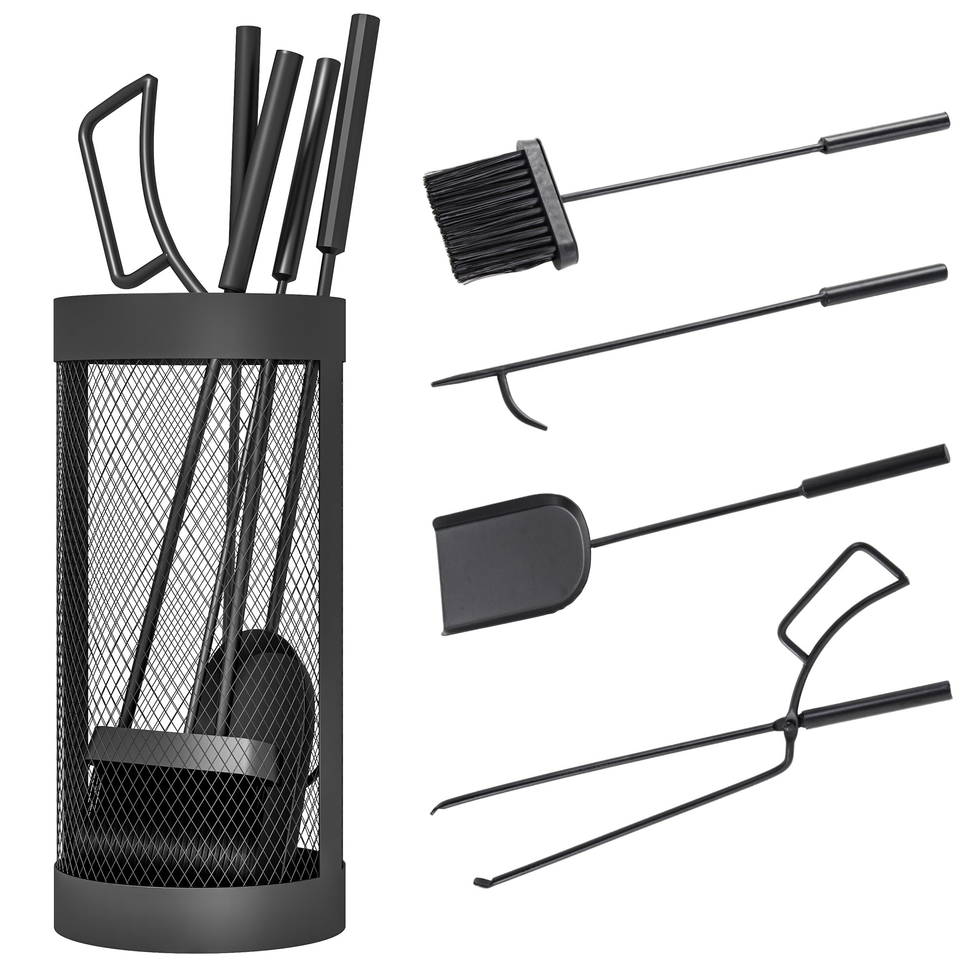Outsunny 5-Piece Fireplace Companion Set, Metal Fireplace Tools Set | Metal Fireplace Tools Set, Brush Shovel Poker Tongs and Bucket, Fireside Companion for Indoor or Outdoor Chimineas, Fire Pits