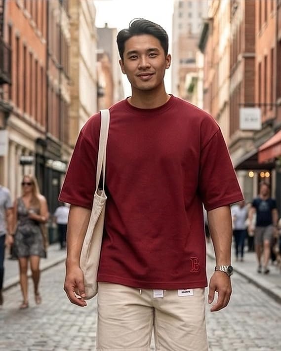 BARKEYO Men's Half Sleeve Round Neck French Terry Oversized Drop Shoulder Over Sized Tshirt for Man (HS-Plain) Red 5
