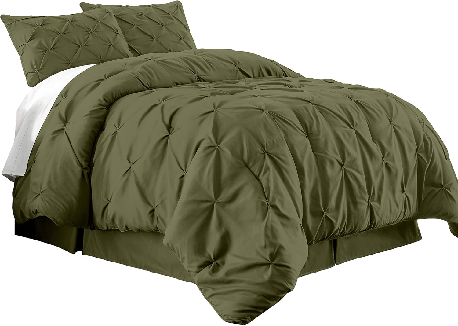 Chezmoi Collection Berlin Olive Green Pinch Pleat King Comforter Set, 3-Piece (Comforter and Pillow Shams) - Soft Pintuck, Lightweight All Season Microfiber Bedding