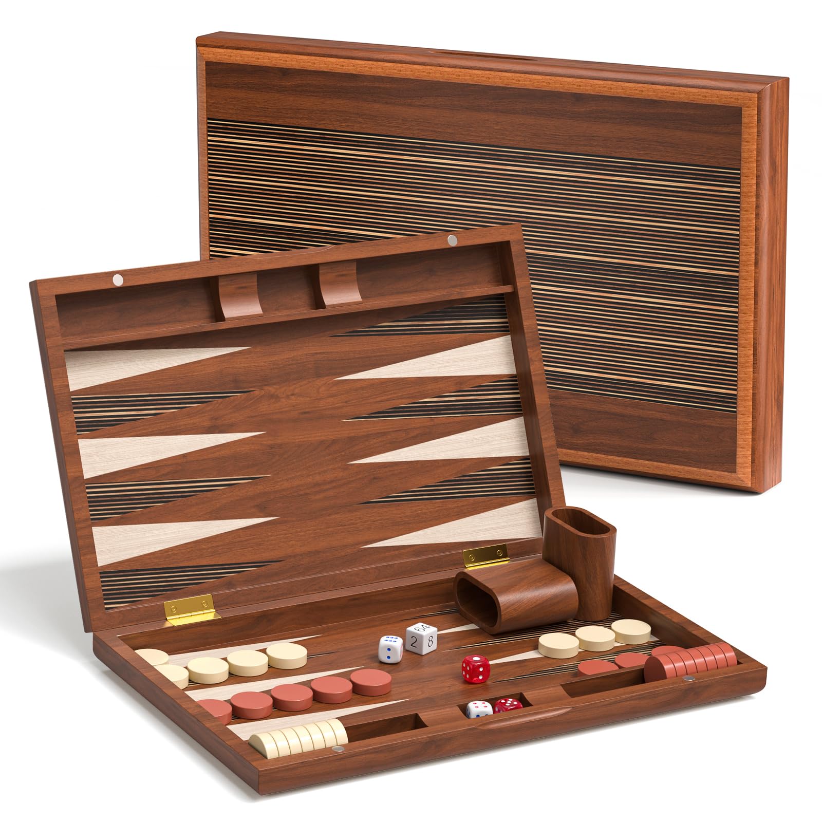 Backgammon Set, Wooden Folding Travel Backgammon Sets 2 players Classic Board Games15 Inch Premium Portable Gift with Playing Pieces & Wooden Dice Cups for Adults and Kids