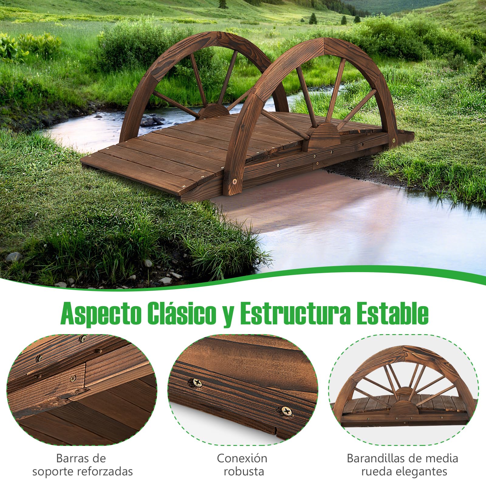 GOPLUS Puente de Jardín de Madera Abeto de 100 cm, Puente de Arco con Barandillas de Seguridad en Forma de Rueda, Puente Decorativo para Estanque Patio Jardin Arroyo Granja, 101,5 x 48,5 x 38 cm