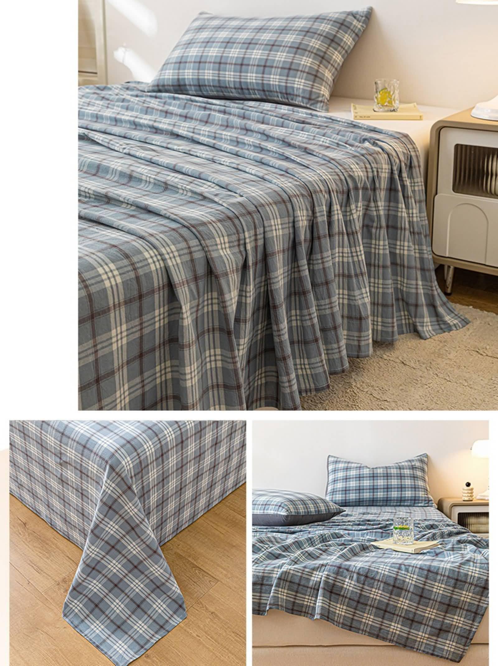 KnSam Bettlaken Baumwolle Gepolstert mit 2er Kissenbezüge, Gitter Muster Betttuch Bodenlaken 3tlg, Faltenresistent Haustuch Tagesdecken Blau Weiß Kaffee für Boxspringbett, 230x245cm