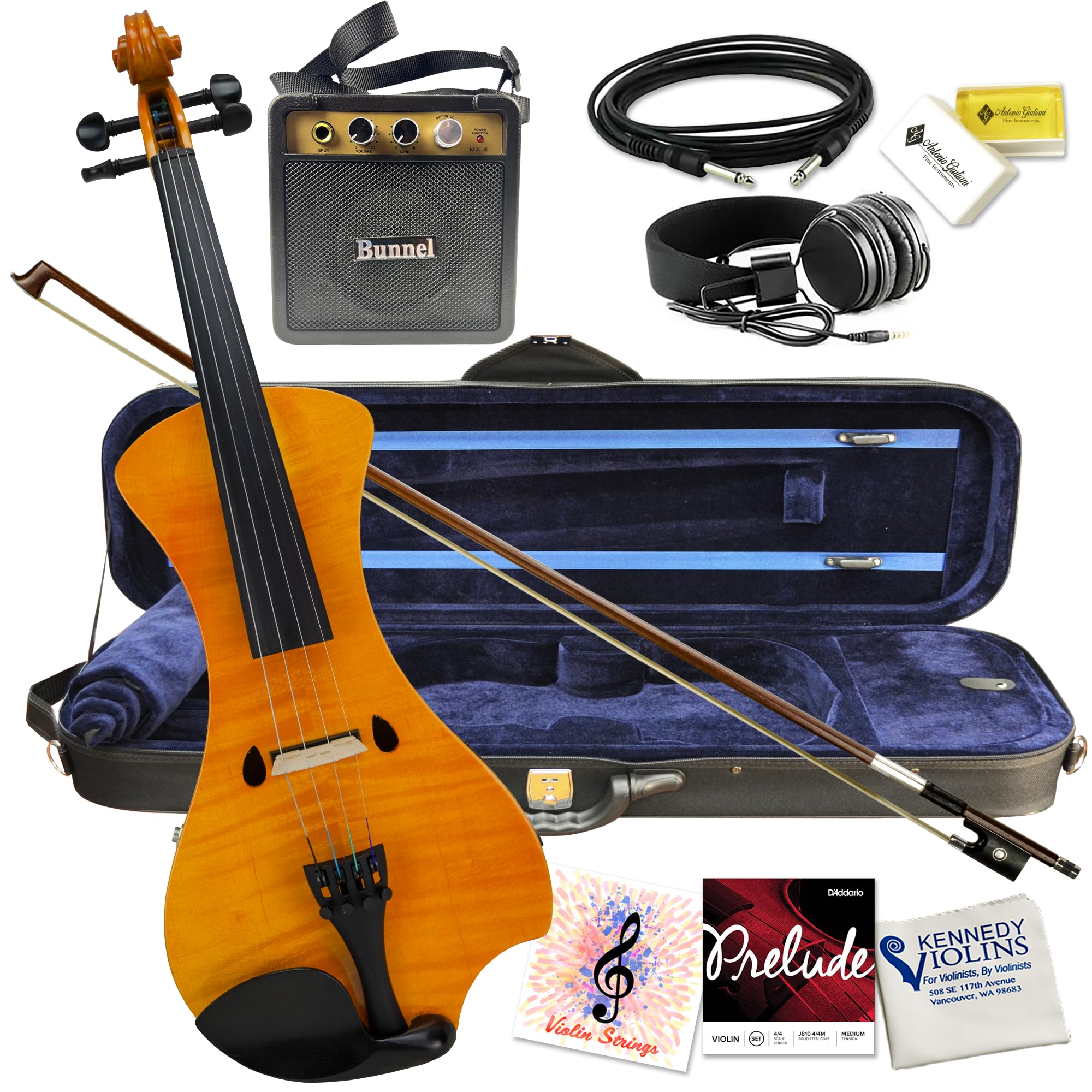 Electric Violin Bunnel NEXT (clear) Outfit 4/4 Full Size (HONEY) — with Carrying Case and Accessories - Mini Amp - Headphones - Piezo Ceramic Pick-Up - from Kennedy Violins