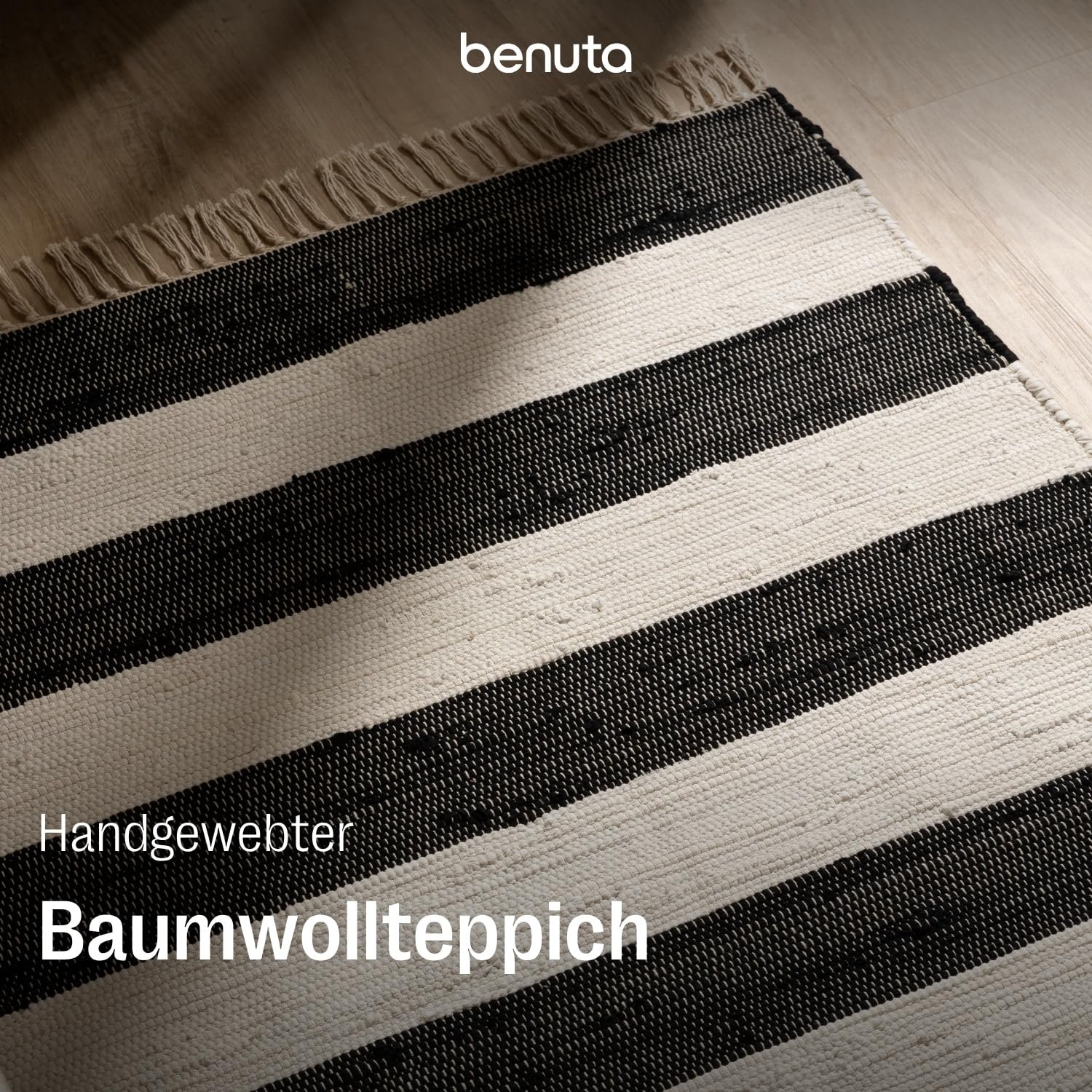 benuta Basic Baumwollteppich Tom - Schwarz/Creme 70x200 cm - Handgewebter Wohnzimmer Teppich - 100% Recycelte Baumwolle - Für Fußbodenheizung geeignet