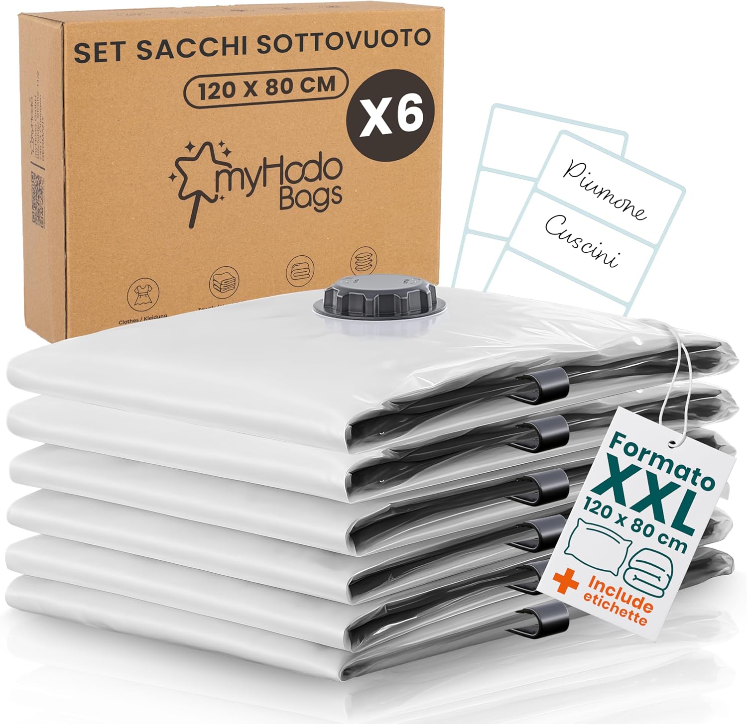 myHodo XXL Sacchetti sottovuoto (6 pezzi, 80 x 120 cm) – Sacchetti salvaspazio extra large riutilizzabili per piumini, coperte, vestiti e tessuti ingombranti, sacchetti resistenti con doppia chiusura ermetica