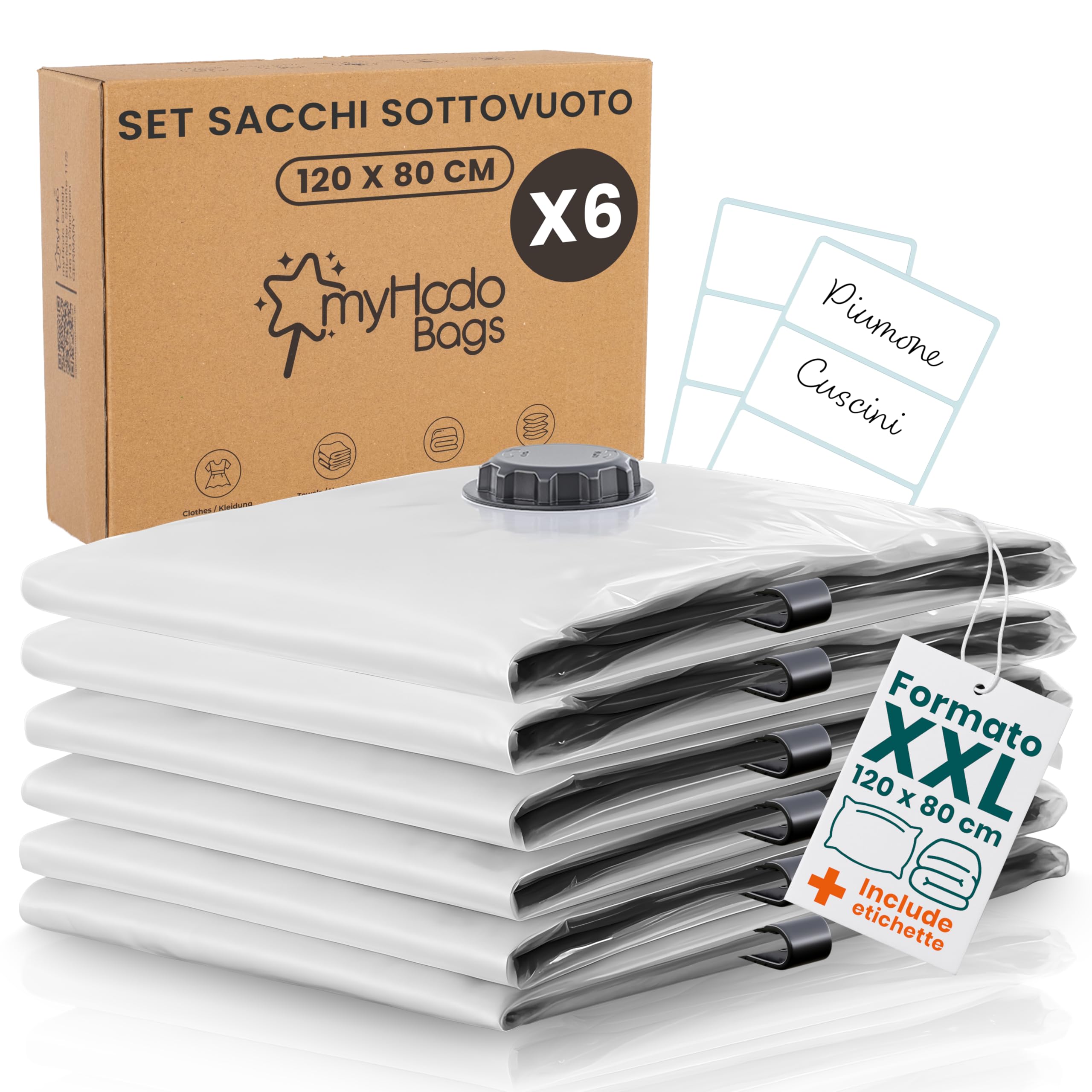 myHodo Sacchetti Sottovuoto XXL (6 Pezzi, 80x120 cm) – Extra Grandi Buste Salvaspazio Riutilizzabili per Piumoni, Coperte, Vestiti e Tessuti Voluminosi, Sacchi Durevoli con Doppia Chiusura Ermetica - 2