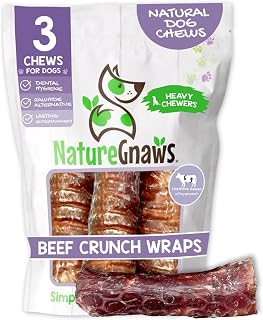 Nature Gnaws Beef Trachea Crunch Wraps for Dogs (3 Count) - Rawhide-Free Long Lasting Natural Beef Jerky Chews for Puppies & Aggressive Chewers