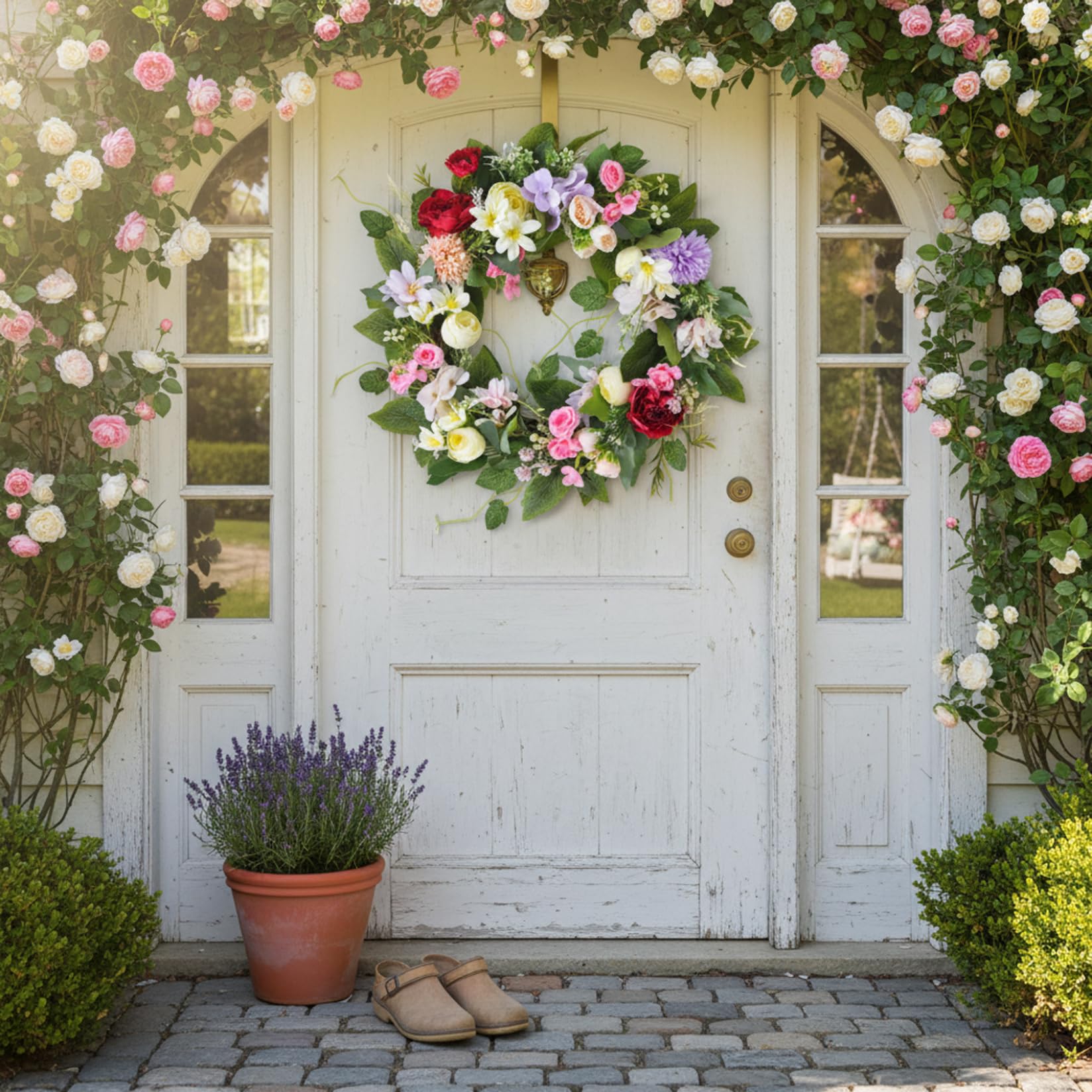 Ghirlanda floreale Ghirlanda di fiori di seta artificiale da 16 pollici con peonia e giglio per decorazioni per la casa tutto l'anno.