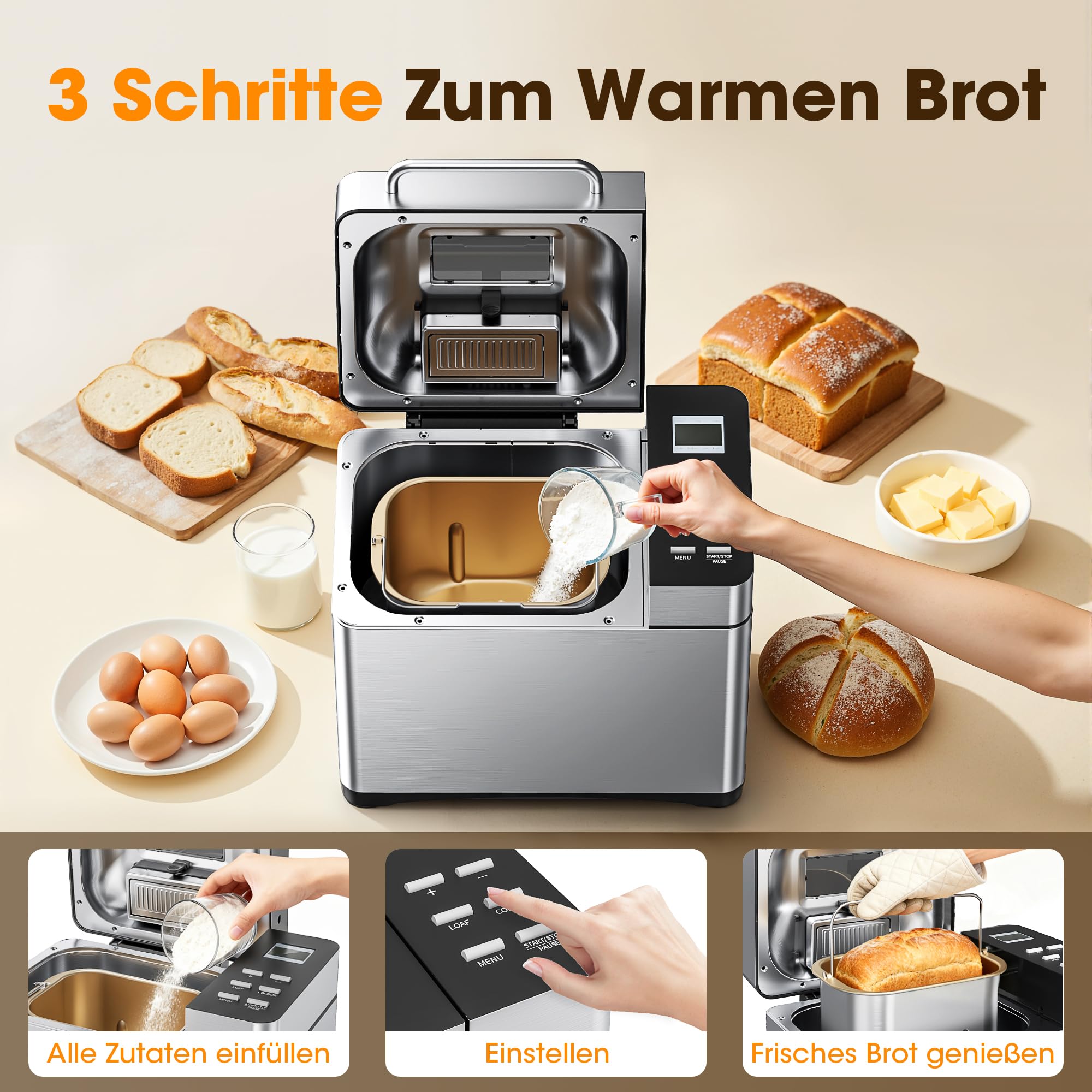 Triumphkey Brotbackautomat mit 19 Programmen & 1000g Fassungsvermögen – Vollautomatische Brotbackmaschine mit 3 Bräunungsstufen, Timer, 710W, Edelstahl-Optik inkl. Sichtfenster & Rezeptbuch