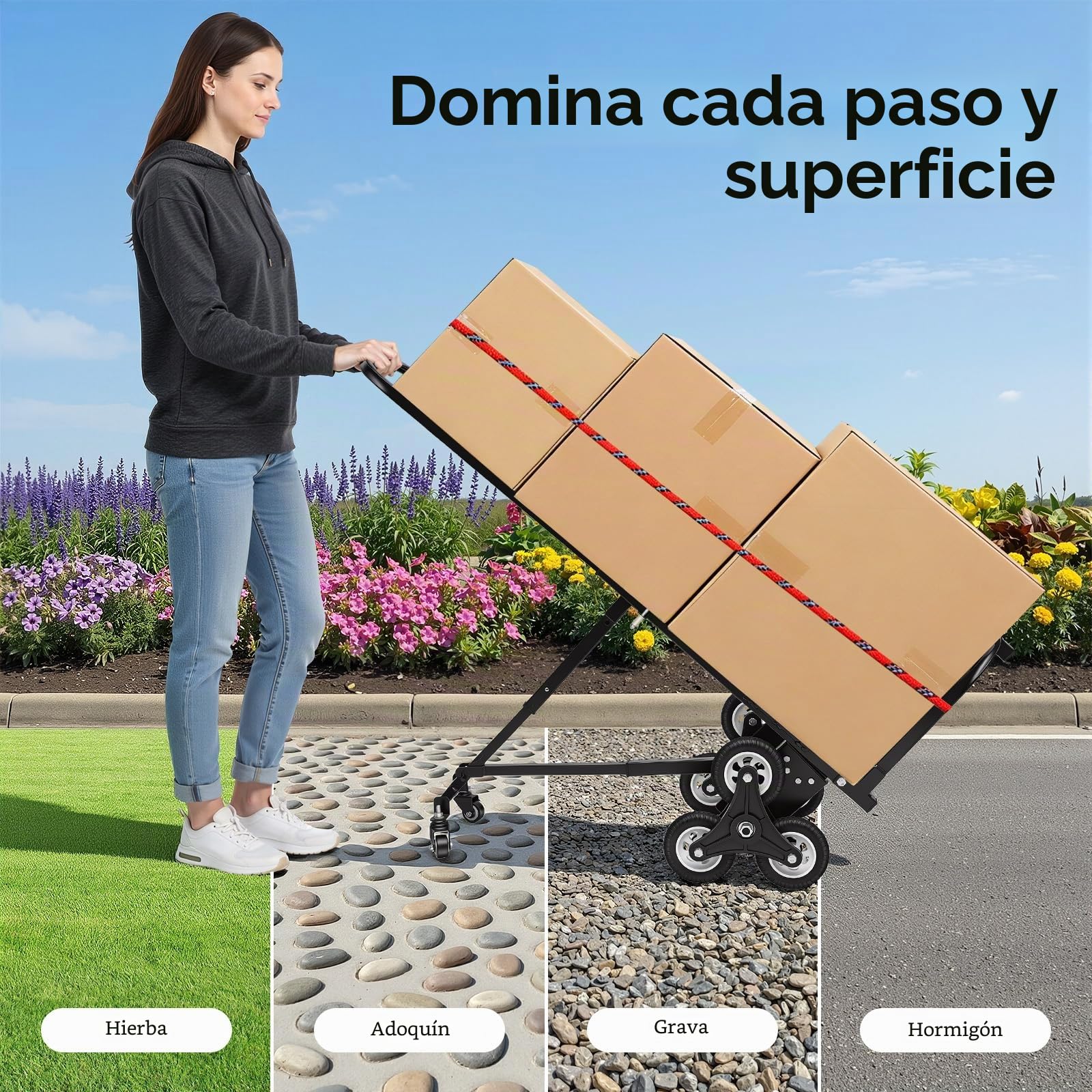 Carretilla plegable para cargas pesadas, 150 kg, 3 ruedas, con 2 neumáticos de repuesto, altura ajustable, 73-114 cm
