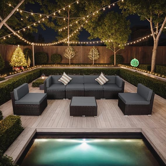 7 Piece Outdoor Patio Furniture Sets with Cushions, Outdoor PE Rattan Wicker Sectional Conversation Patio Couch Sofa Set with Coffee Table, for Garden, Deck, Poolside, Gray