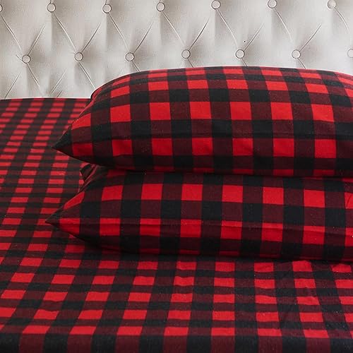 Elegant Comfort Ultra Soft 4-Piece 100% Turkish Cotton Flannel Sheet Set - Buffalo Check Plaid Flannel Sheets, Warm and Cozy Premium Quality, Deep Pocket Fitted Sheet- Queen, Burgundy - Queen - Buffalo Burgundy
