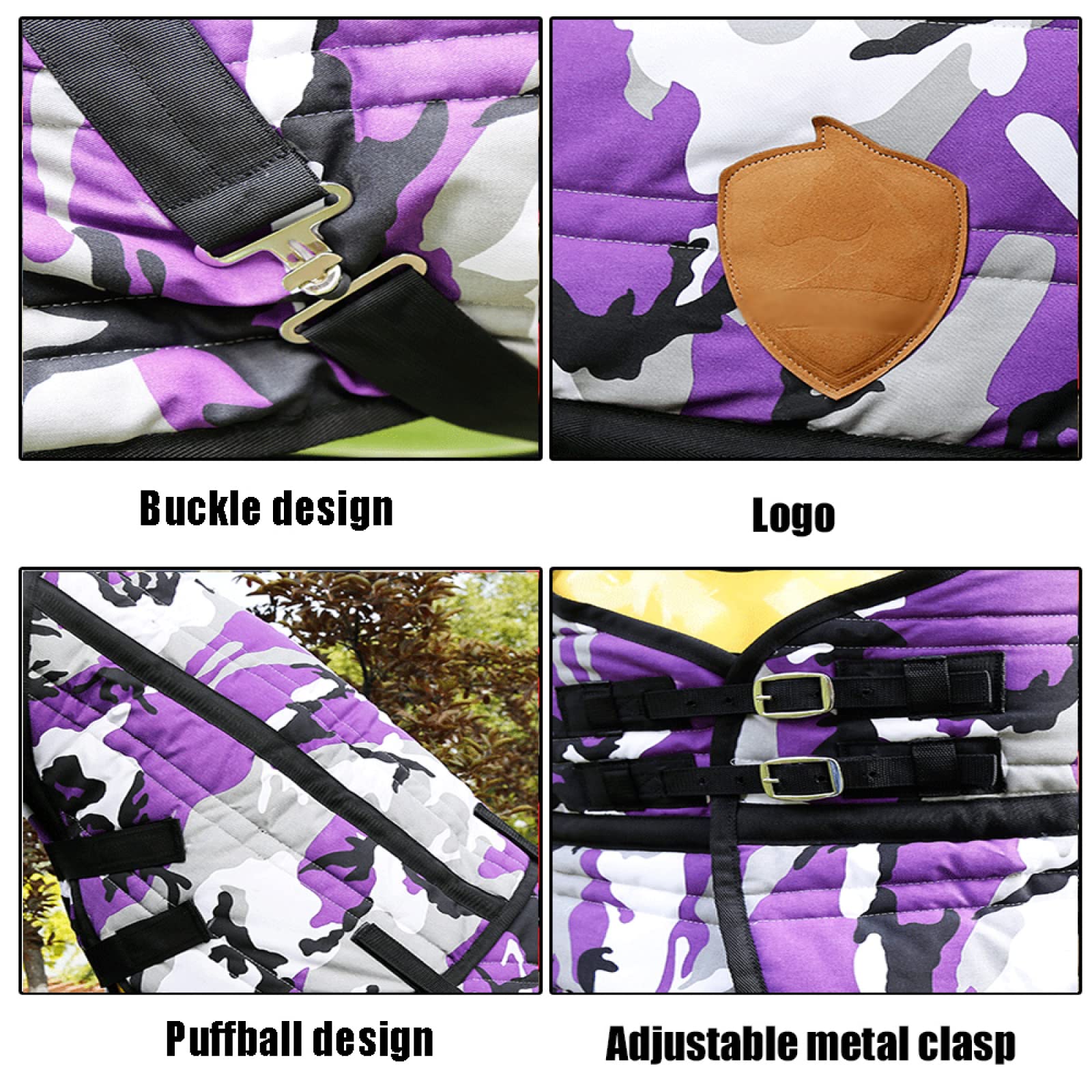 Mantas para Caballos de Invierno, Manta 1200D con Cuello Combinado, Camuflaje Impermeable, Manta de Invierno para Caballos con Cuello, Desmontable, Térmica, Cómoda, Mini Manta,3XL
