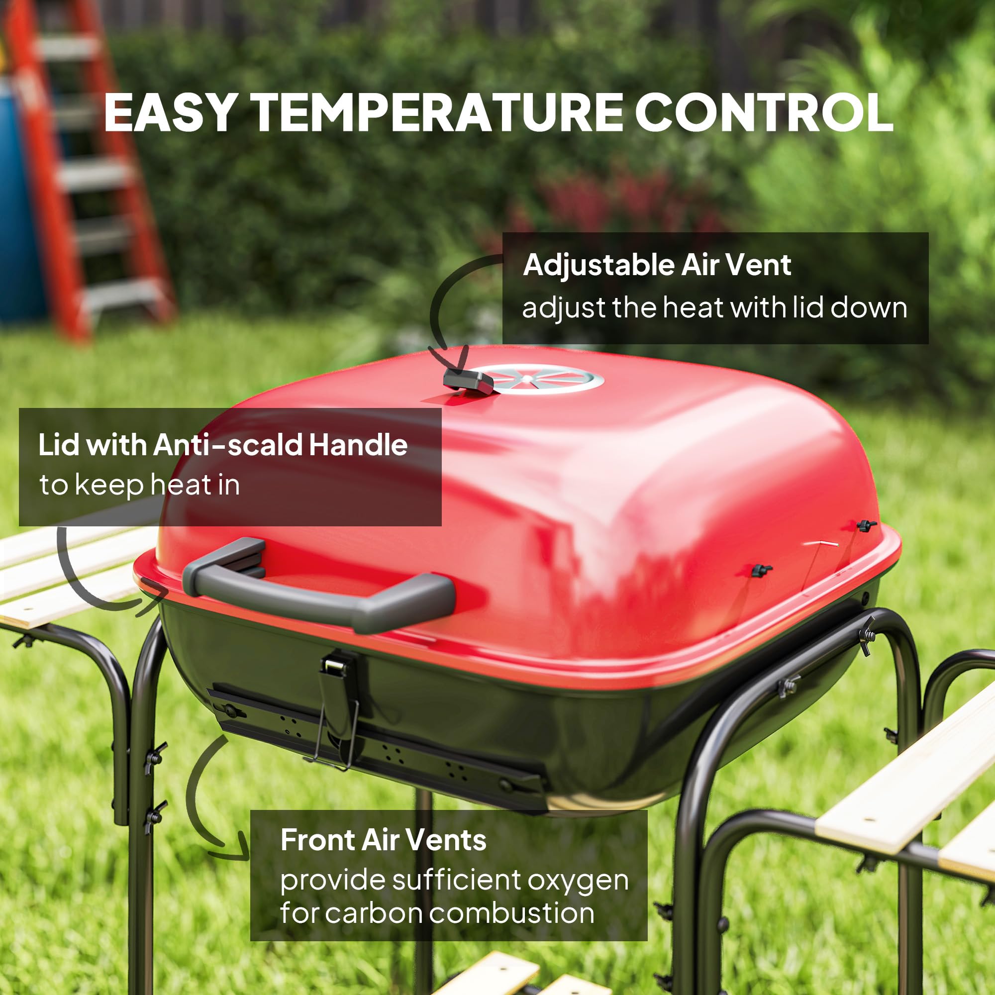Outsunny Holzkohlegrill Tragbarer BBQ Grill mit 1840cm² Kochfläche, 3 Ablagen, verstellbarer Entlüftung, abschließbarer Deckel, Räder für Kochen im Freien, Gartenparty, Rot | 1840 cm² Kochfläche, verstellbarer Lüftungsschlitz, verschließbarer Deckel, Räde