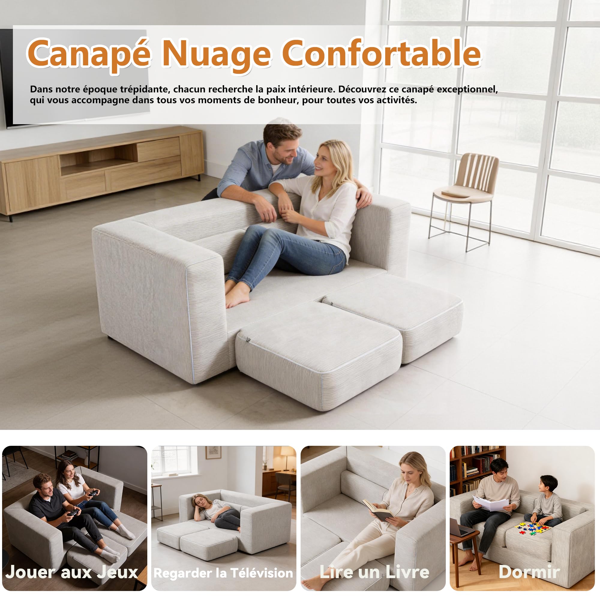 Canapé Convertible 2 Places avec Mousse Haute Densité, Canapé Lit Multifonctionnel avec 2 Coussins, sans Assemblage, Silencieux pour Salon & Chambre d'Invités