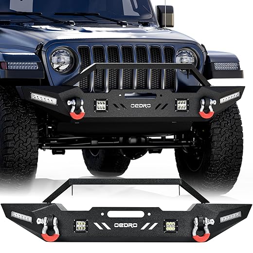 OEDRO Front Bumper Compatible for 87-06 Jeep Wrangler TJ & YJ & LJ Rock Crawler Bumper with Winch Plate Mounting & 4X LED Lights & 2X D-Rings Off Road