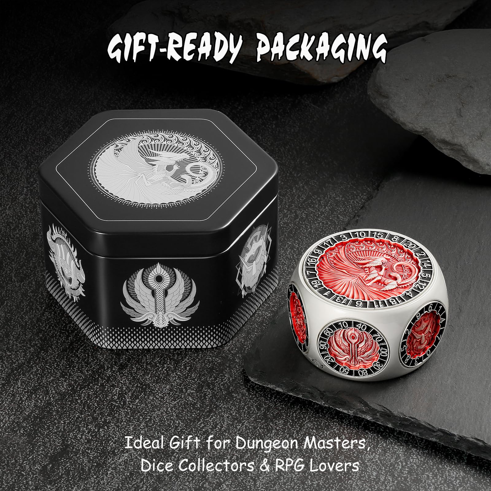 DNDND Dual D20 - Dados de metal giratorios 8 en 1, juego de dados hexagonales giratorios con temática de monstruo D&D para TTRPG Dungeons and Dragons, Dungeon Masters con lata de regalo coleccionable
