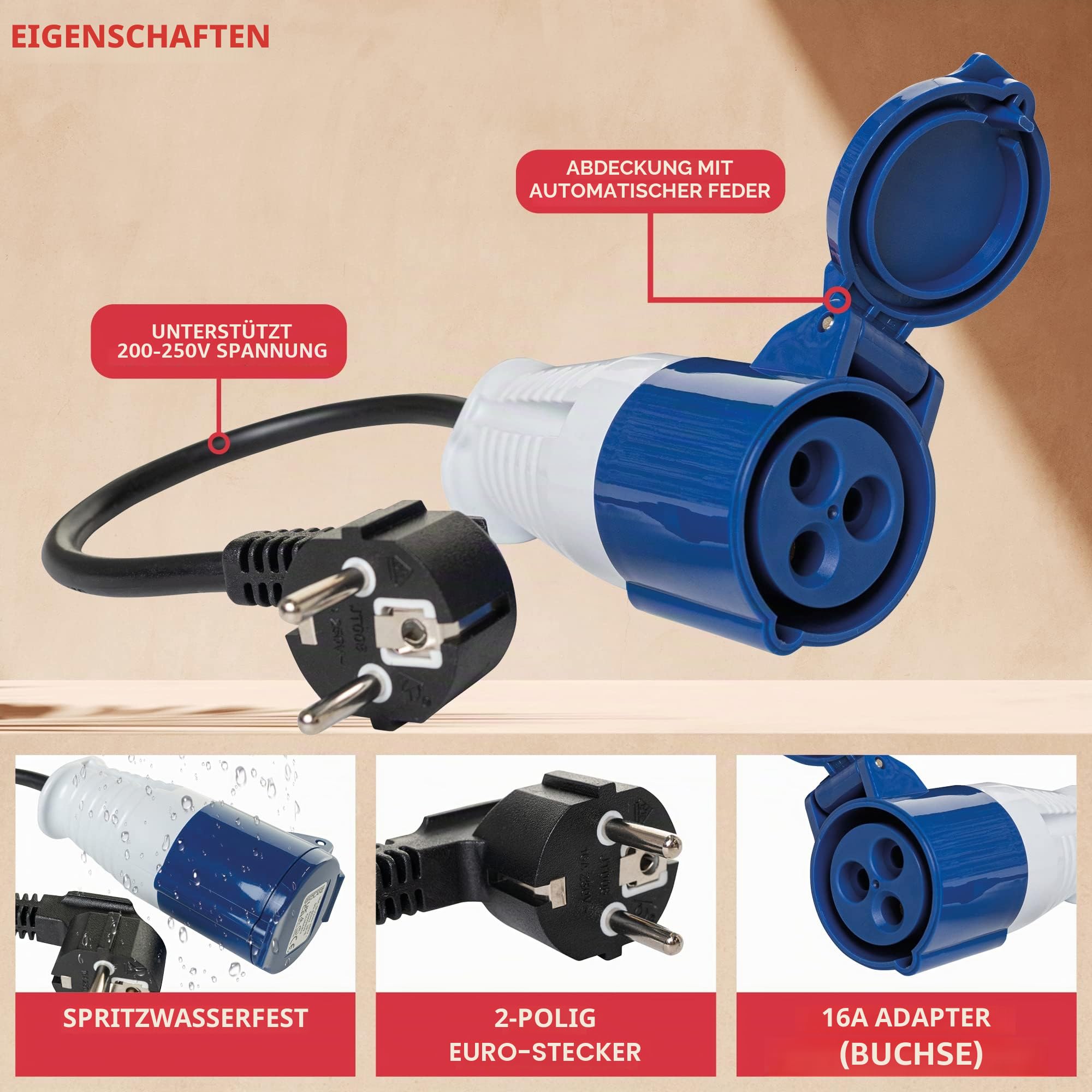 GADLANE Adapter für Wohnwagen 16A - Europäischer Adapter für Camping, elektrisch, wasserdicht IP44 - Steckdose für Camping - Länge von 35 cm (200-250V)