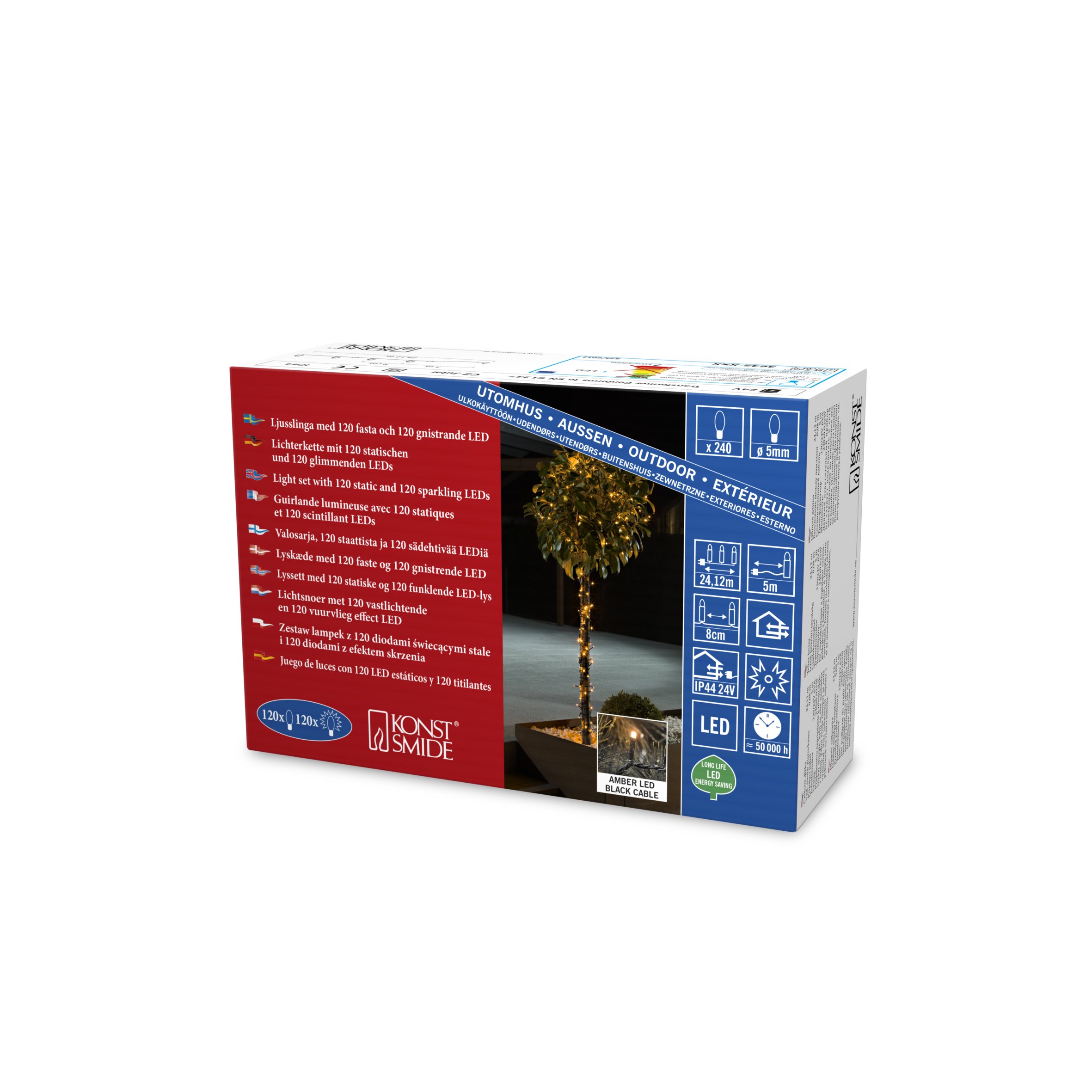 Konstsmide 3642-810 Catena Luminosa A LED Per Esterni: 240 Luci Ambrate (effetto Mica) Con Trasformatore, Cavo Nero.