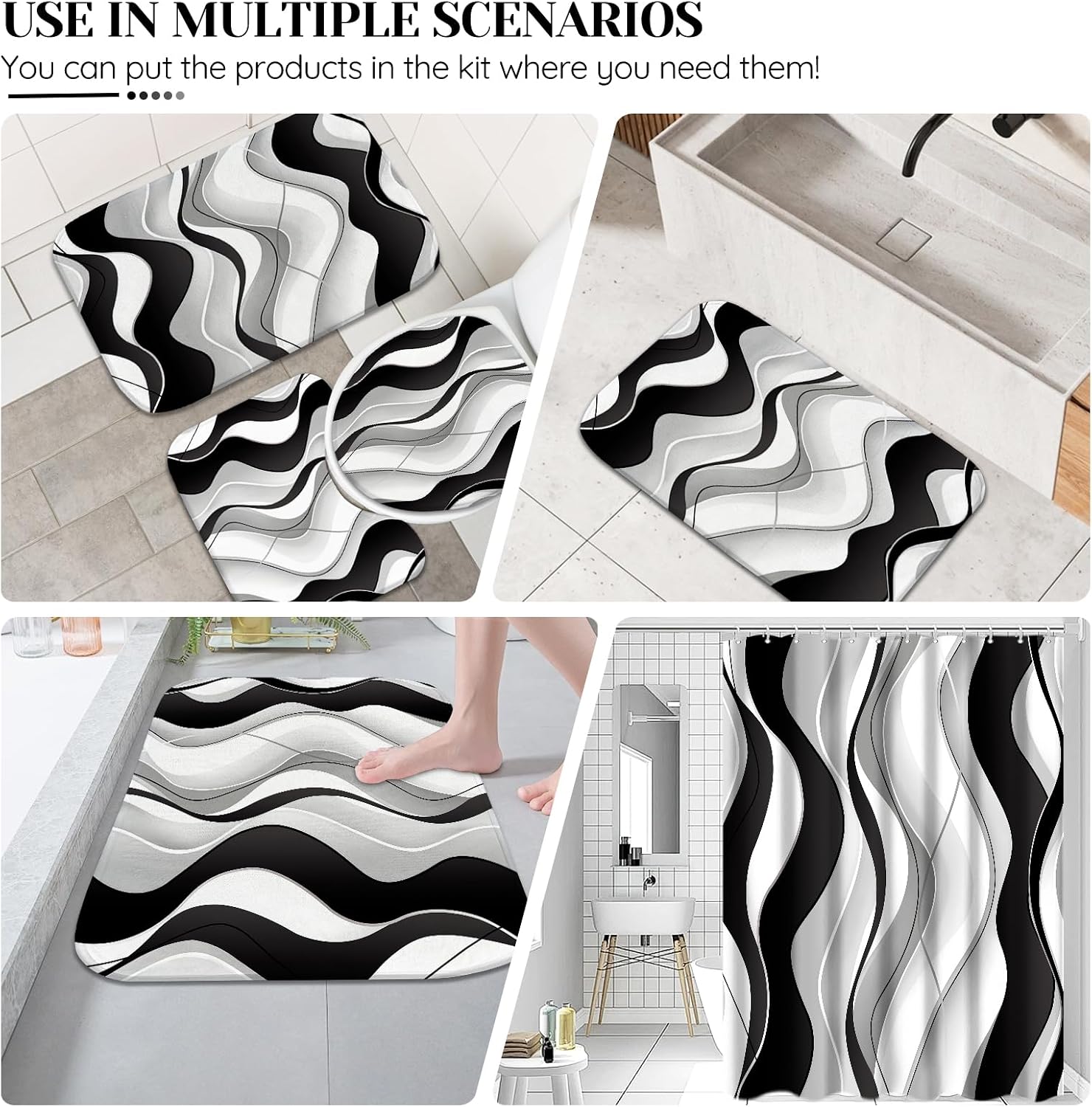 4 Pcs Black and White Bathroom Sets with Shower Curtain and Rugs,Black and Grey Shower Curtain Set with Bath Rugs,Modern Striped Bathroom Decor Set with 12 Hooks